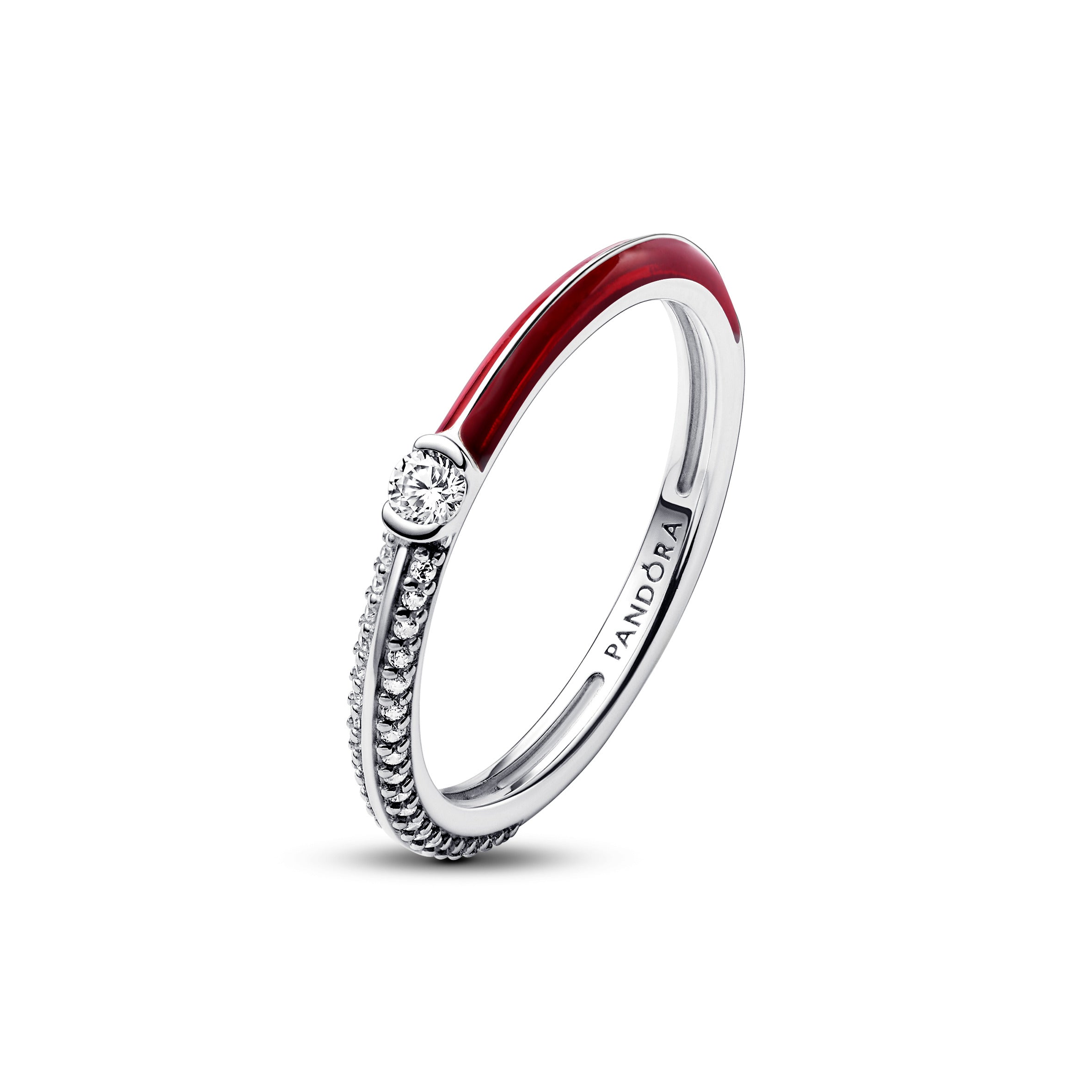 Sterling Silver Ring With Clear Cubic Zirconia And Red Enamel