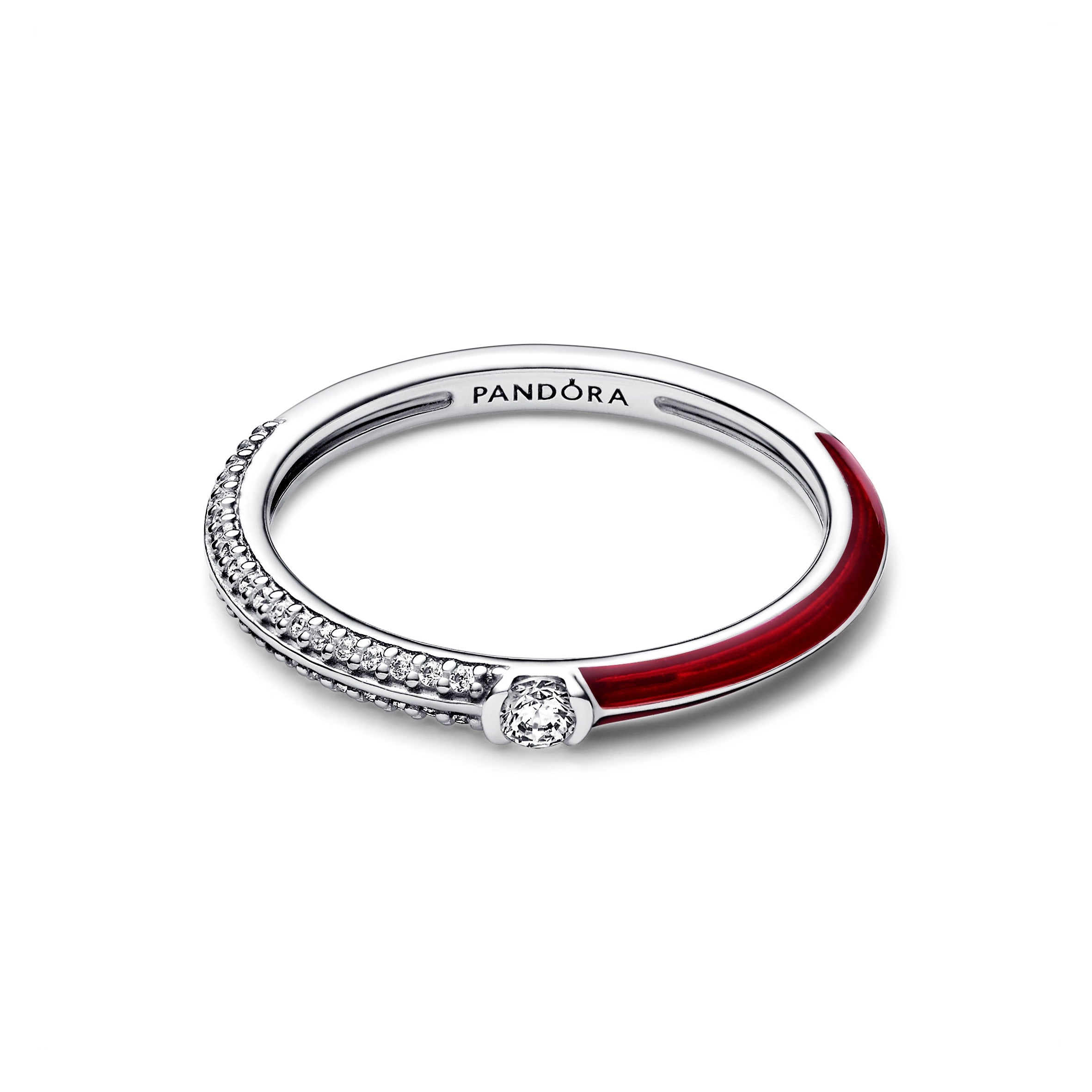 Sterling Silver Ring With Clear Cubic Zirconia And Red Enamel