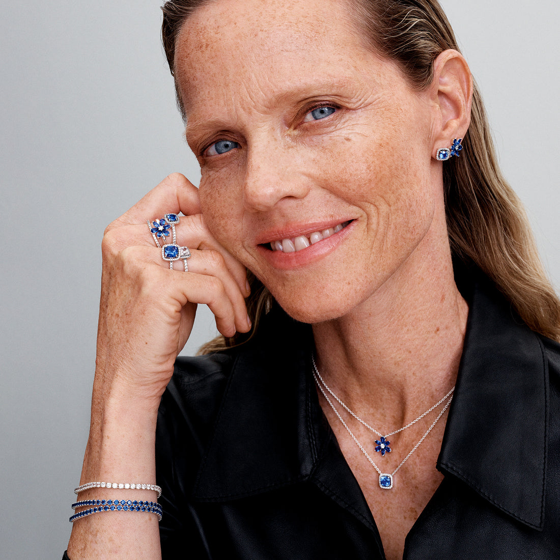 Sterling Silver Ring With Cornflower Blue Crystal And Clear Cubic Zirconia