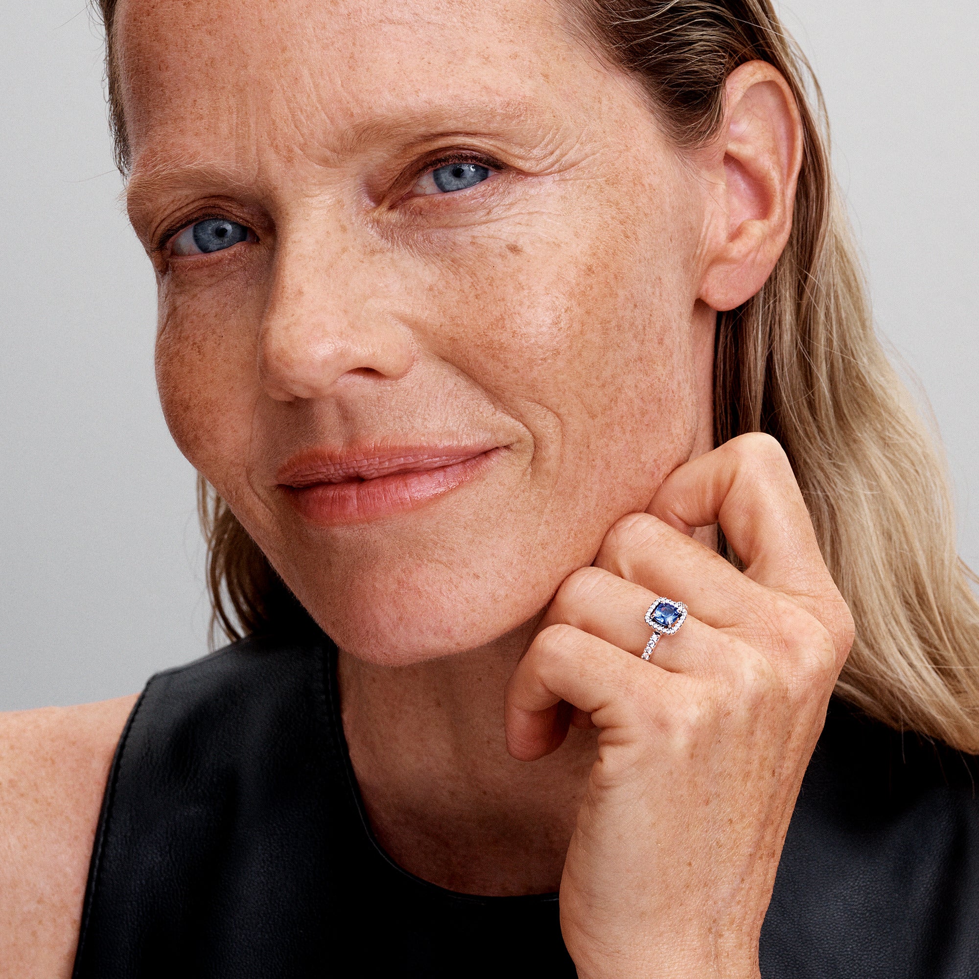 Sterling Silver Ring With Cornflower Blue Crystal And Clear Cubic Zirconia