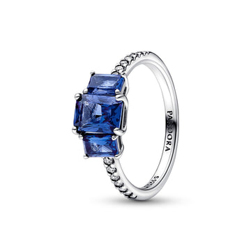 Sterling Silver Ring With Princess Blue Crystal And Clear Cubic Zirconia