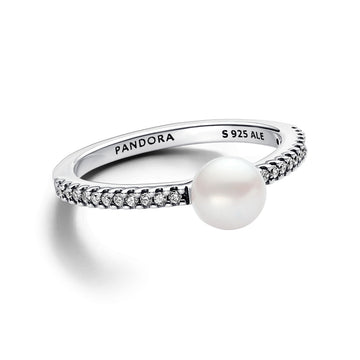 Sterling Silver Ring With White Treated Freshwater Cultured Pearl And Clear Cubic Zirconia