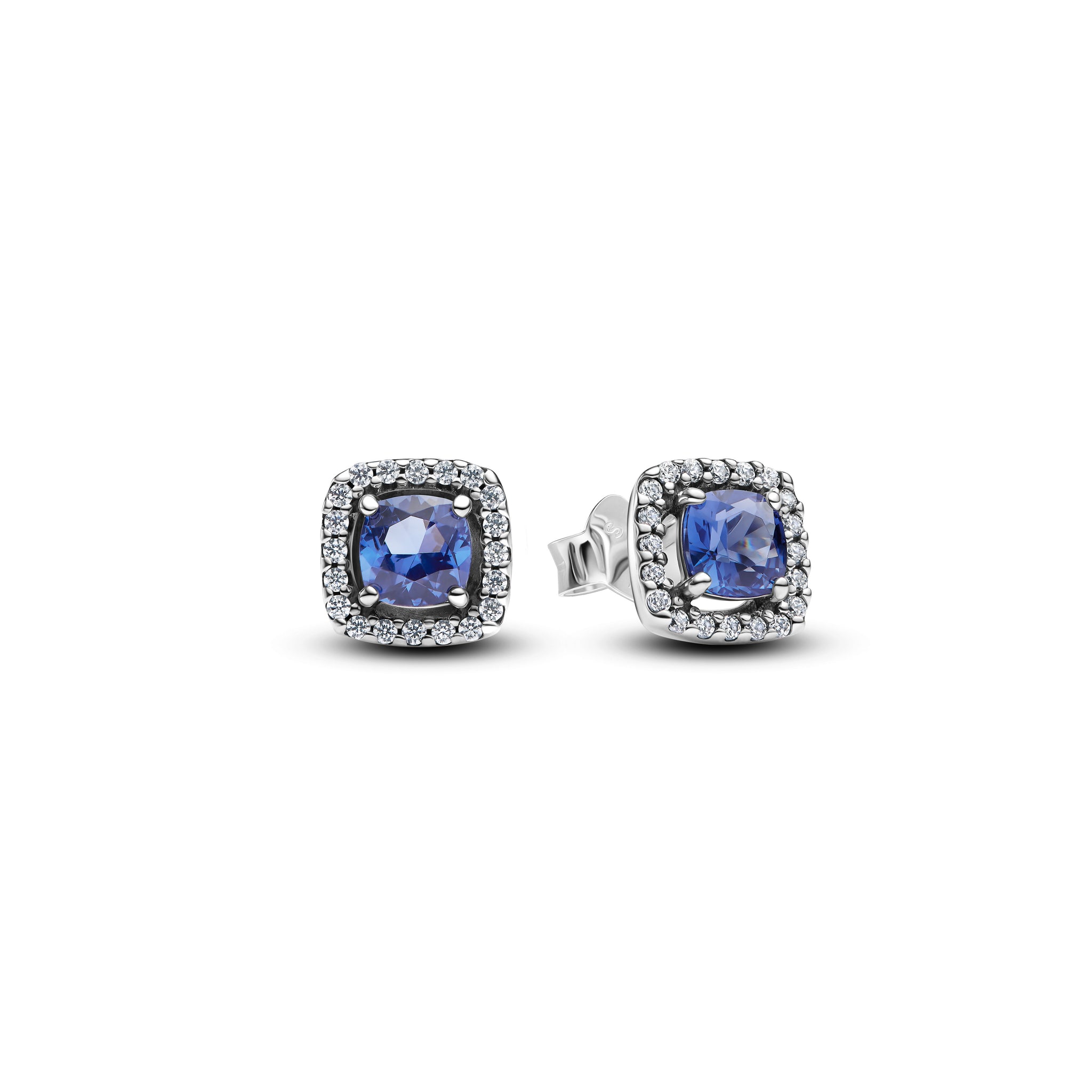 Sterling Silver Stud Earrings With Cornflower Blue Crystal And Clear Cubic Zirconia