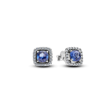 Sterling Silver Stud Earrings With Cornflower Blue Crystal And Clear Cubic Zirconia