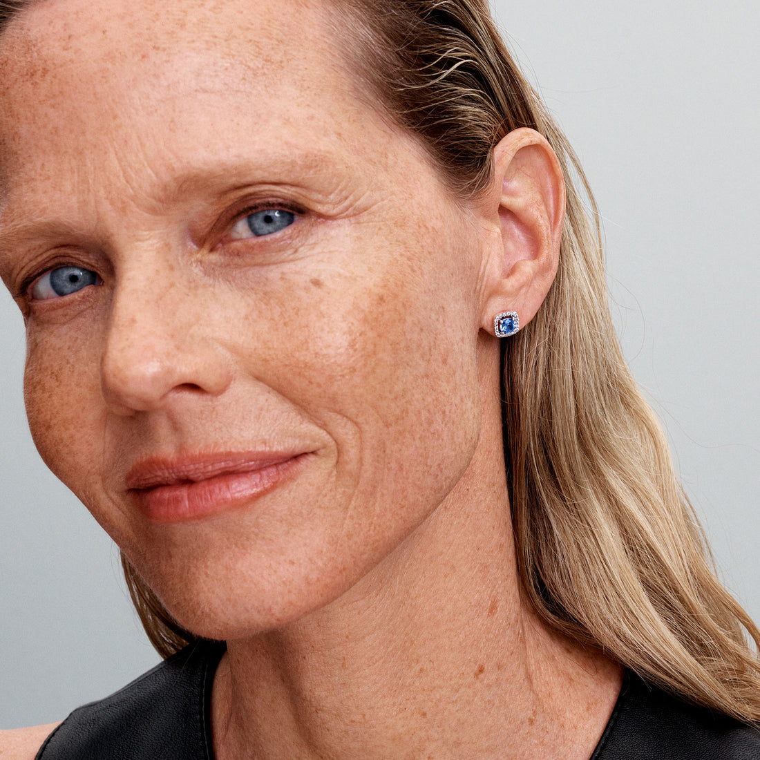 Sterling Silver Stud Earrings With Cornflower Blue Crystal And Clear Cubic Zirconia