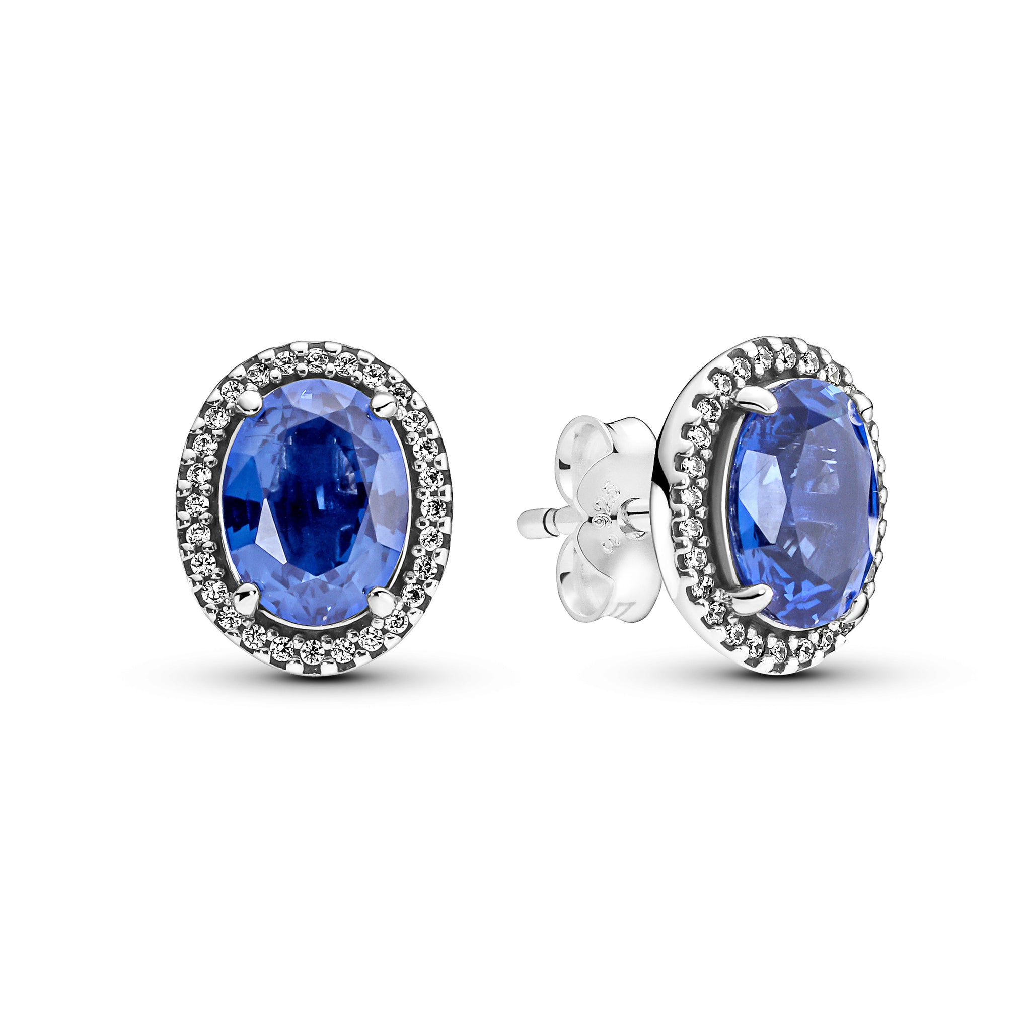 Sterling Silver Stud Earrings With Princess Blue Crystal And Clear Cubic Zirconia