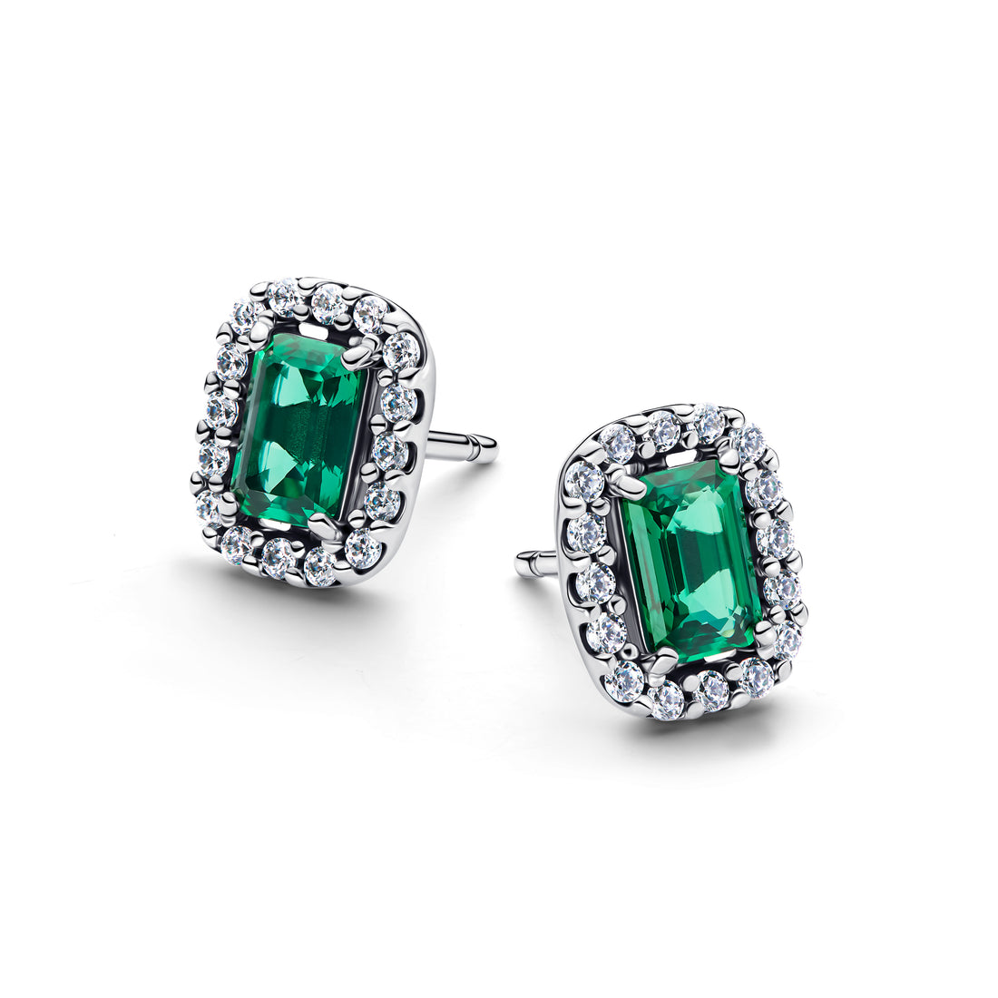 Sterling Silver Stud Earrings With Royal Green Crystal And Clear Cubic Zirconia