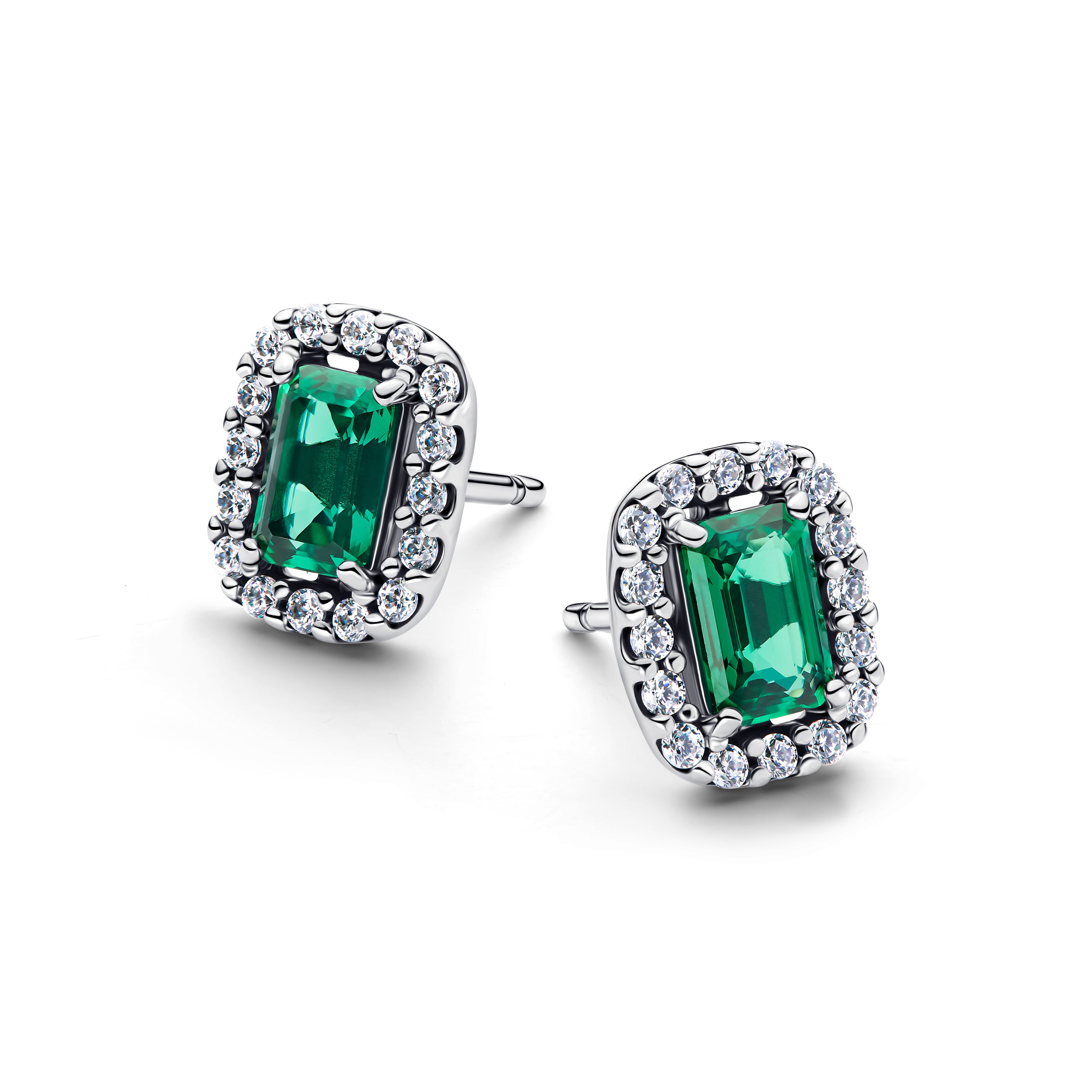 Sterling Silver Stud Earrings With Royal Green Crystal And Clear Cubic Zirconia