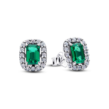 Sterling Silver Stud Earrings With Royal Green Crystal And Clear Cubic Zirconia