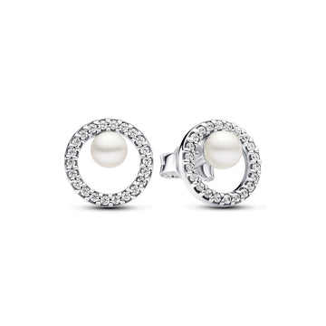 Sterling Silver Stud Earrings With White Treated Freshwater Cultured Pearl And Clear Cubic Zirconia
