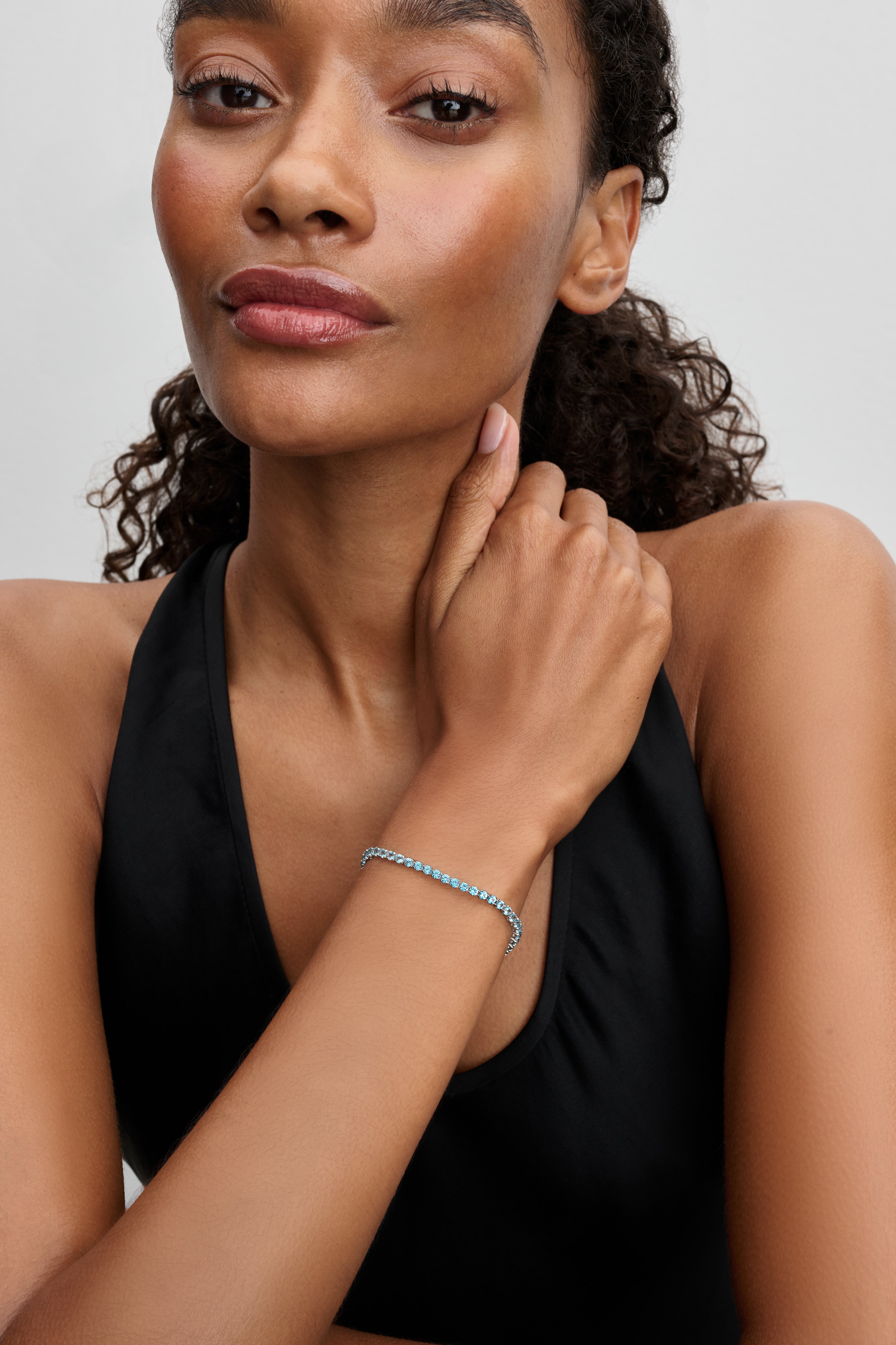 Sterling Silver Tennis Bracelet With Aquamarine Blue Crystal