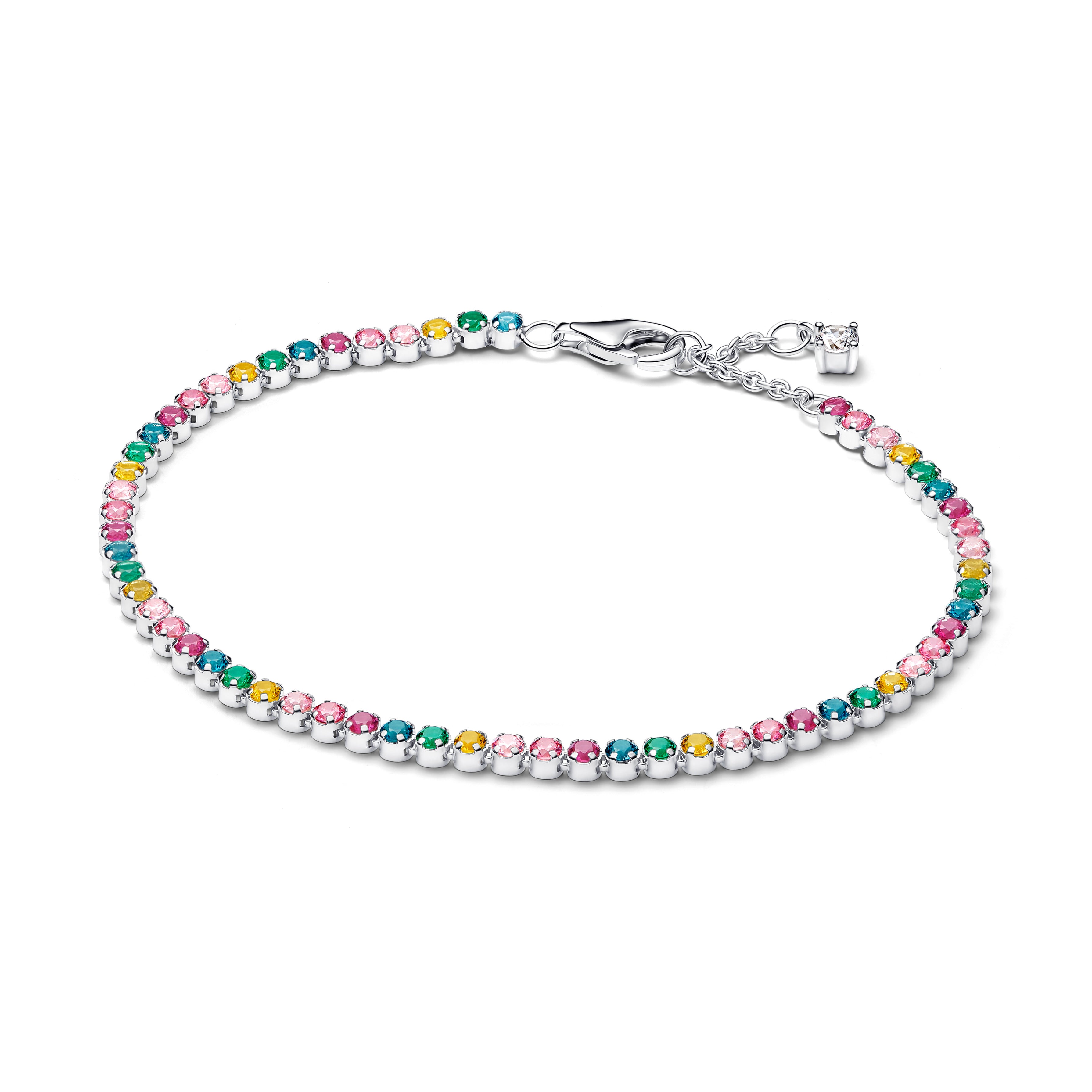 Sterling Silver Tennis Bracelet With Yellow, Blue, Phlox Pink, Green Crystal, Pink, Clear And Fancy Pink Cubic Zirconia