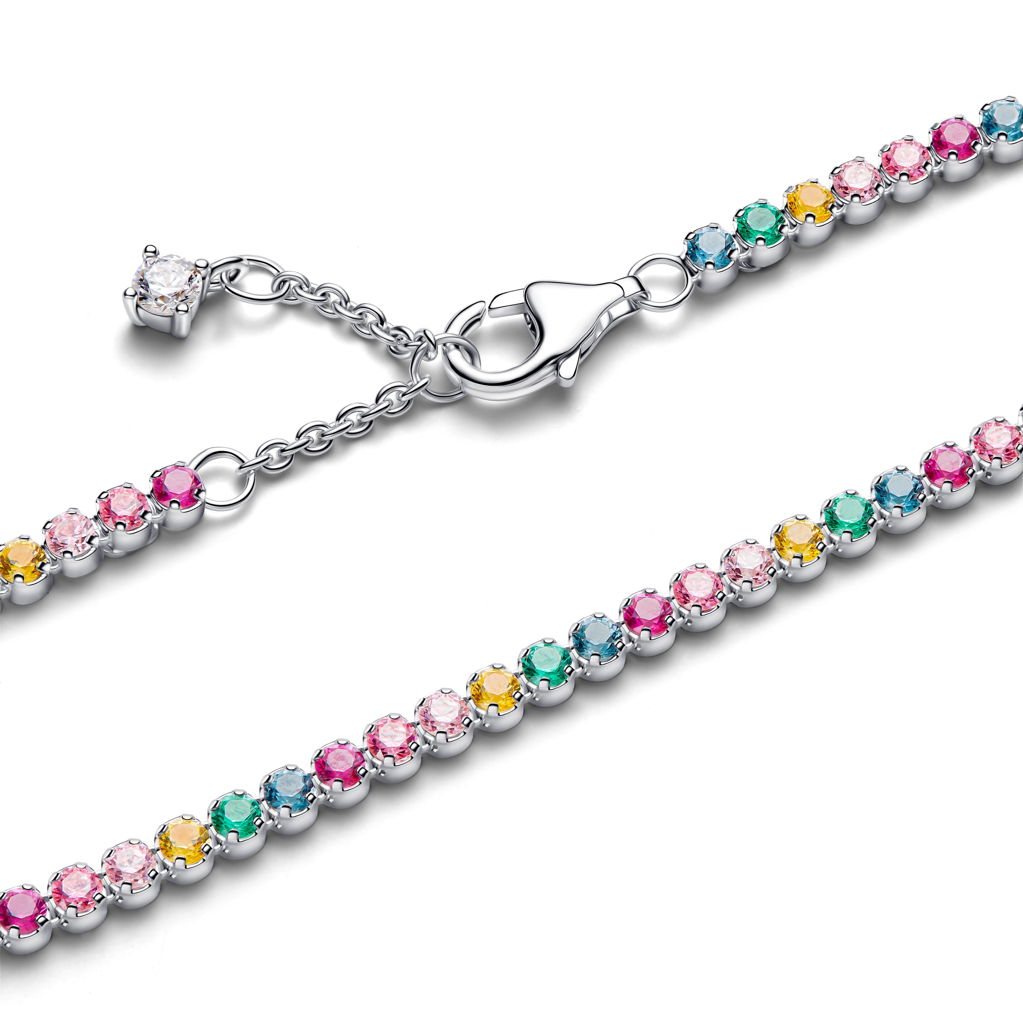 Sterling Silver Tennis Bracelet With Yellow, Blue, Phlox Pink, Green Crystal, Pink, Clear And Fancy Pink Cubic Zirconia