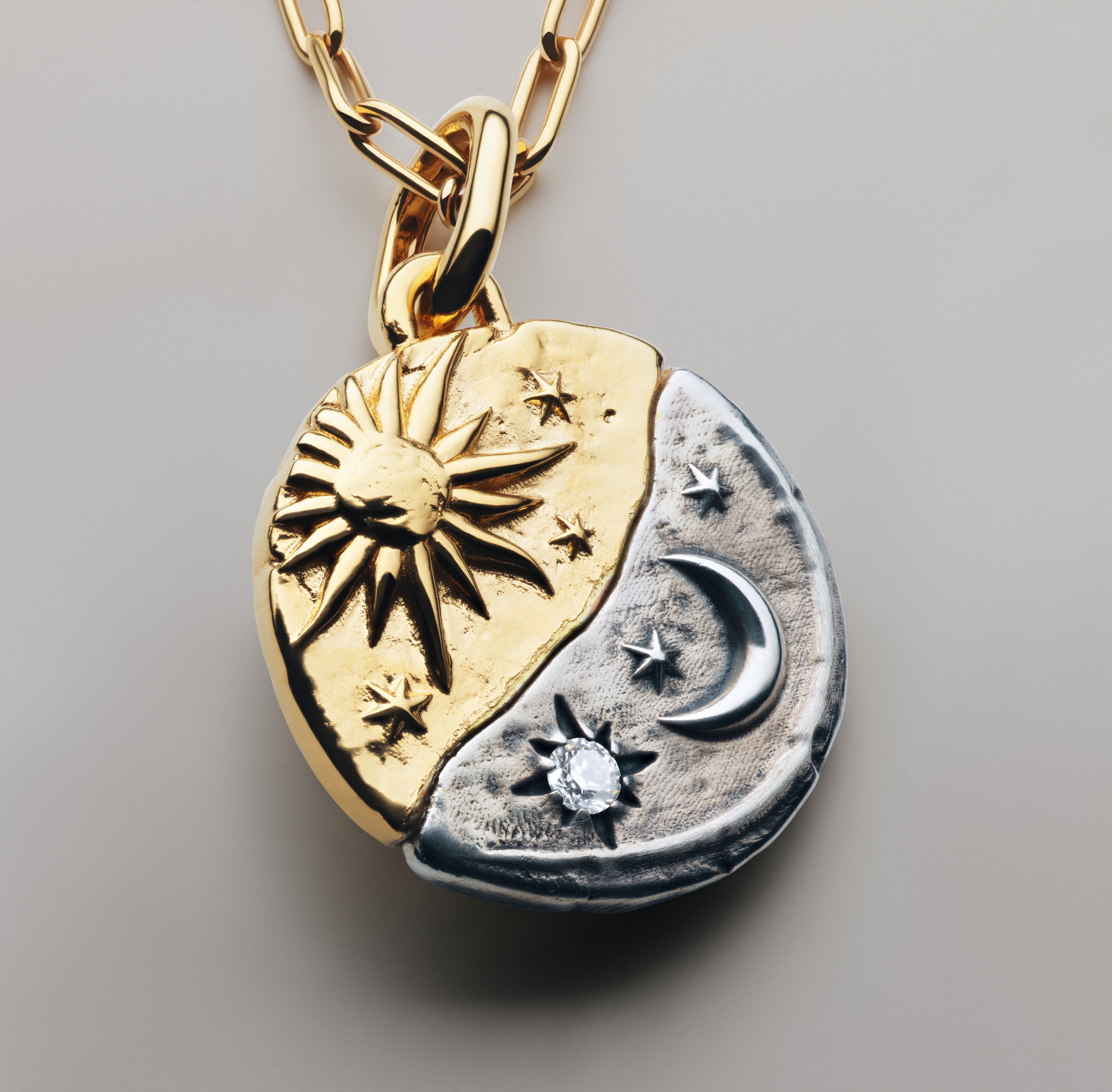 Sun And Moon Sterling Silver And 14K Gold-Plated Medallion With Clear Cubic Zirconia