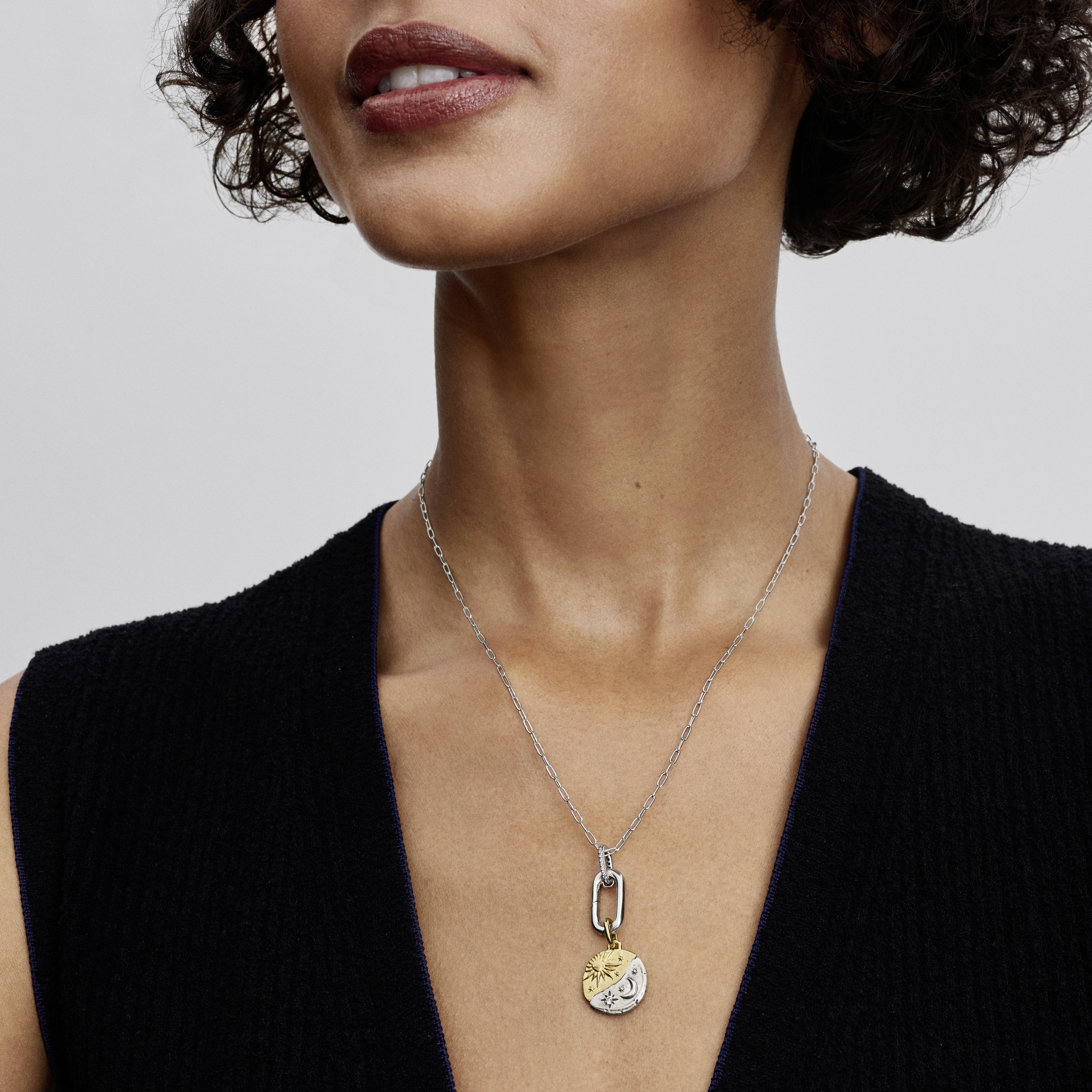 Sun And Moon Sterling Silver And 14K Gold-Plated Medallion With Clear Cubic Zirconia