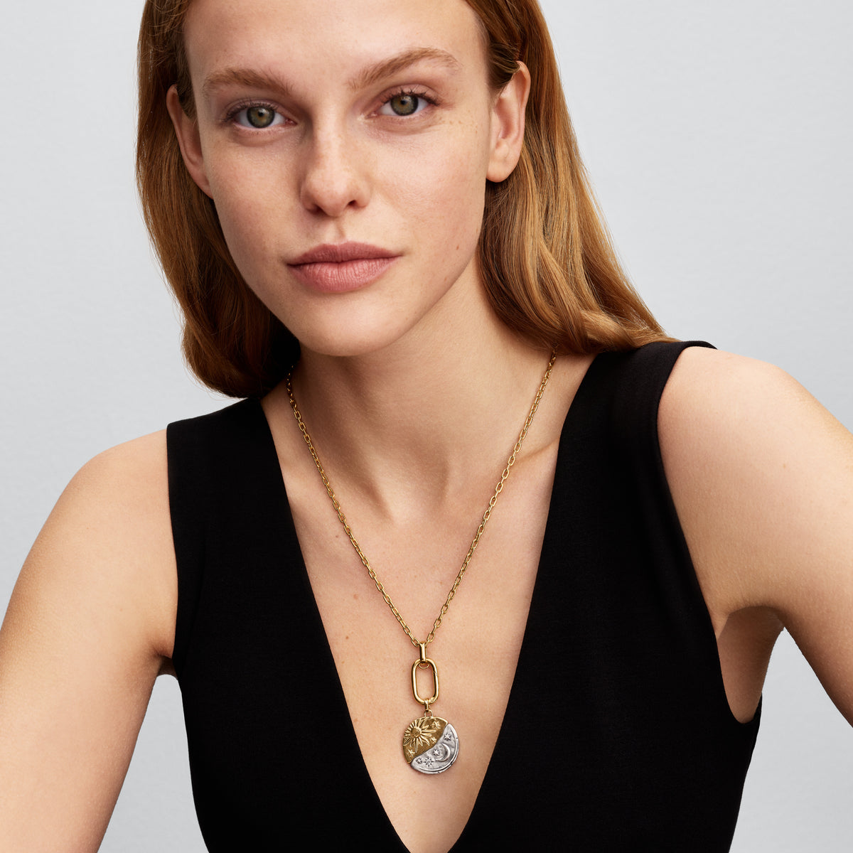 Sun And Moon Sterling Silver And 14K Gold-Plated Medallion With Clear Cubic Zirconia