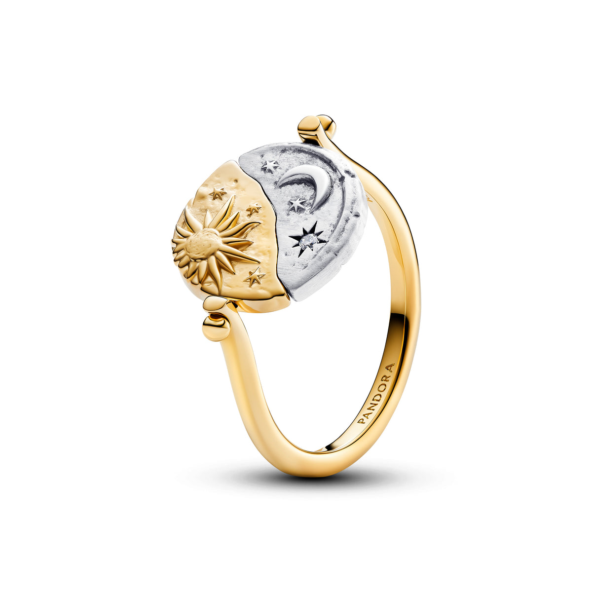 Sun And Moon Sterling Silver And 14K Gold-Plated Spinnable Ring With Clear Cubic Zirconia