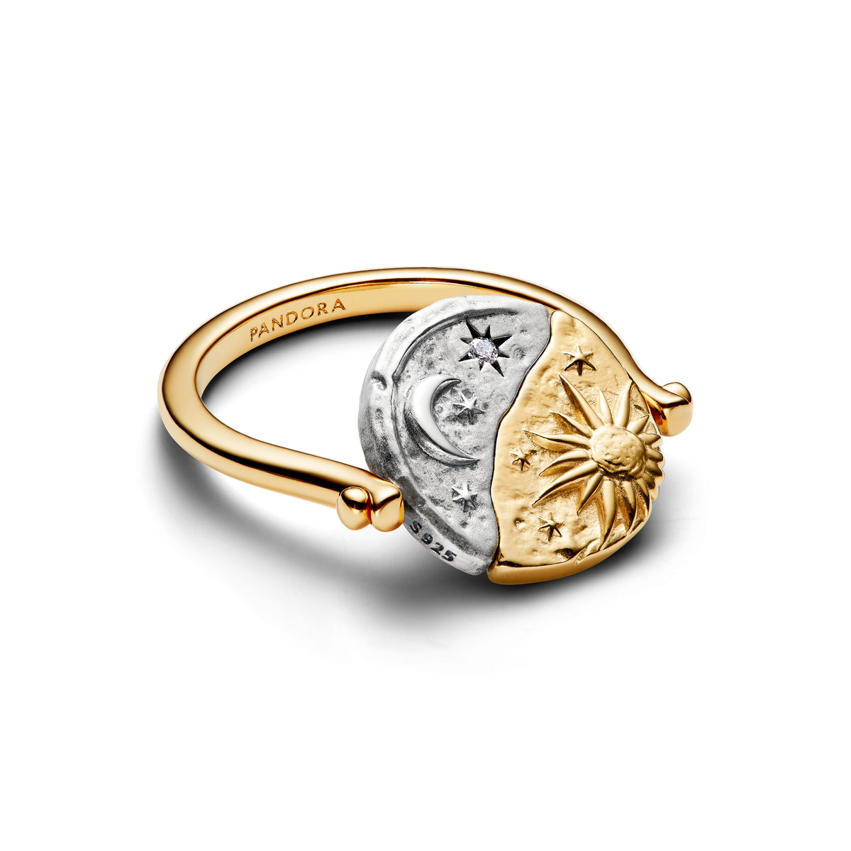 Sun And Moon Sterling Silver And 14K Gold-Plated Spinnable Ring With Clear Cubic Zirconia