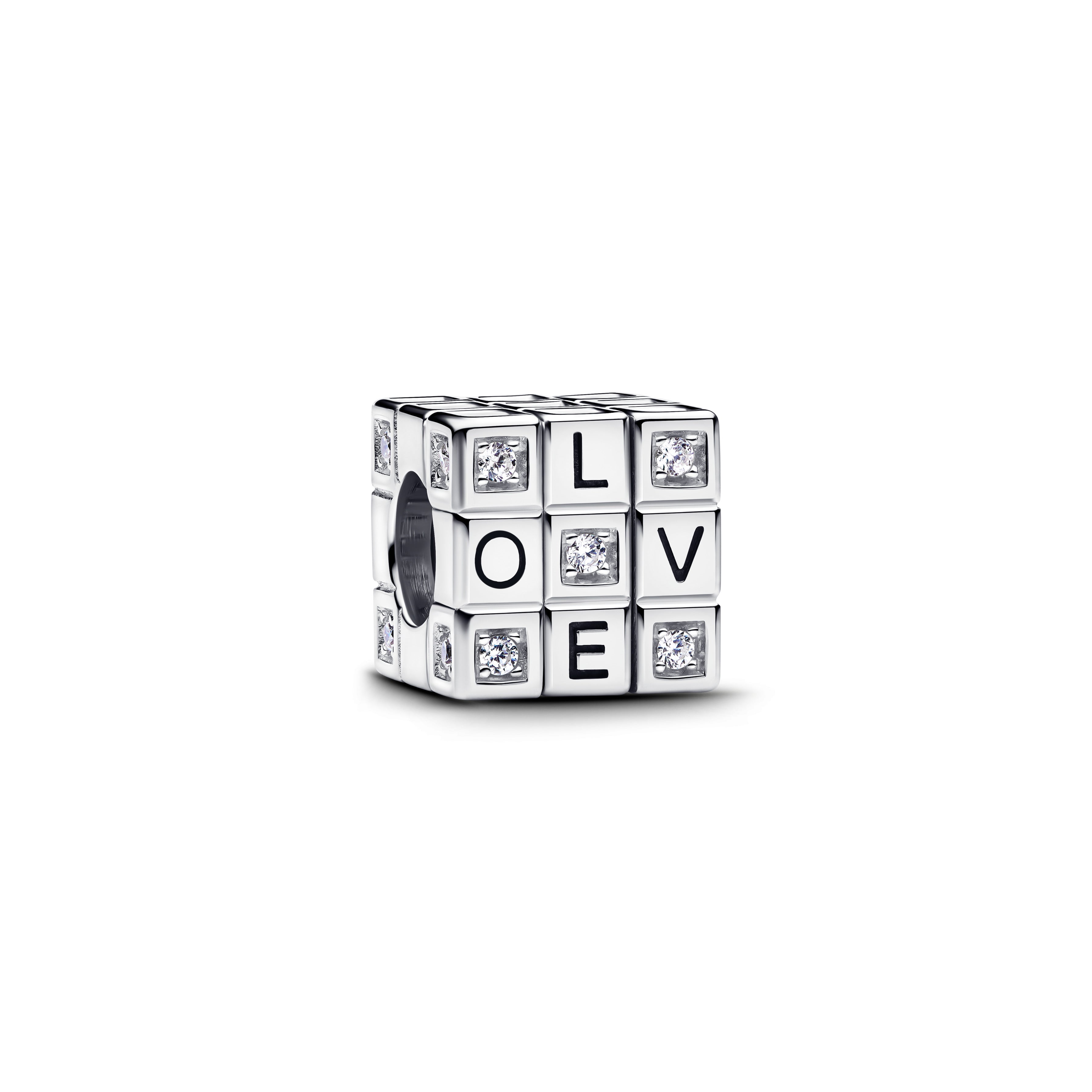 Toy Cube Sterling Silver Charm With Clear Cubic Zirconia And Red Enamel