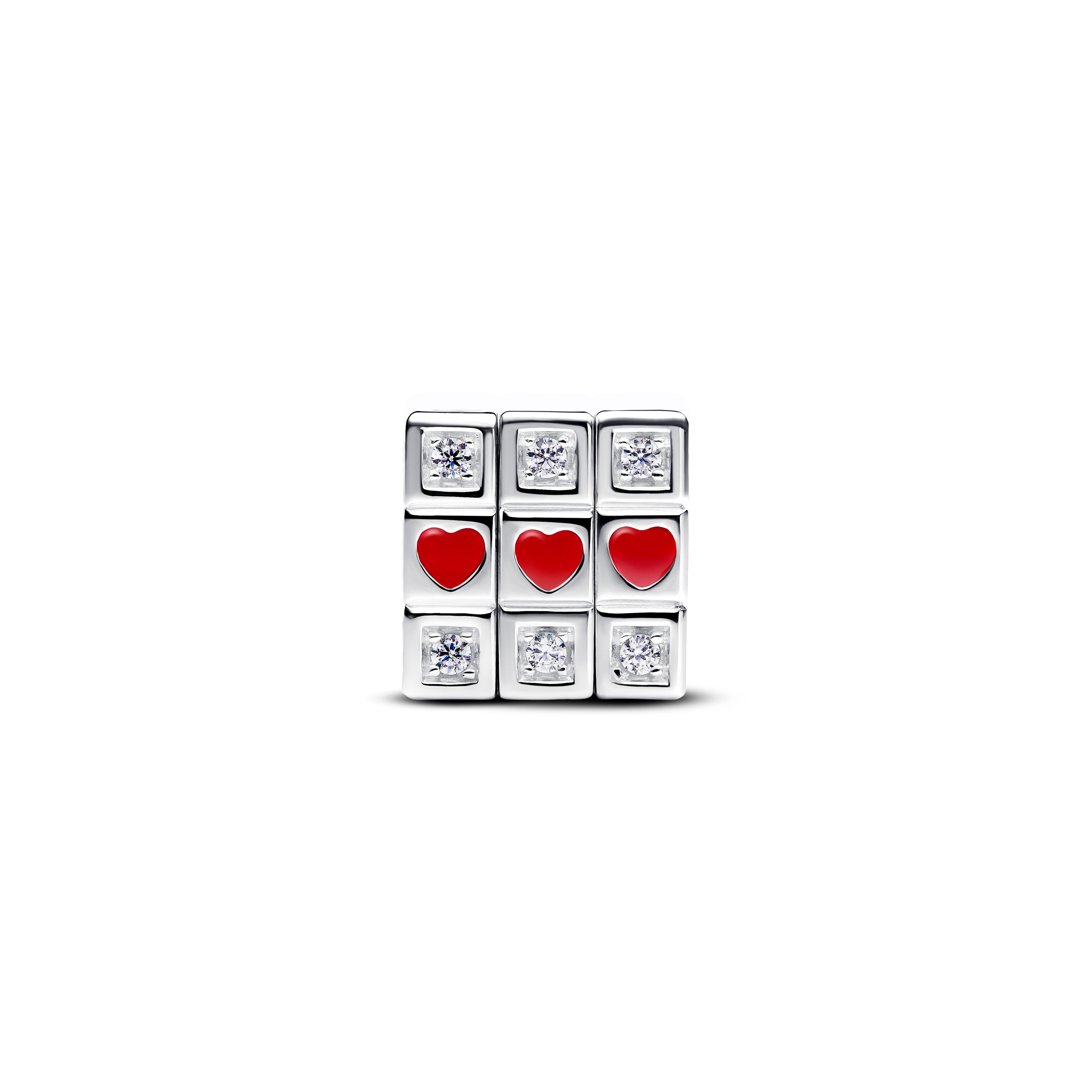 Toy Cube Sterling Silver Charm With Clear Cubic Zirconia And Red Enamel