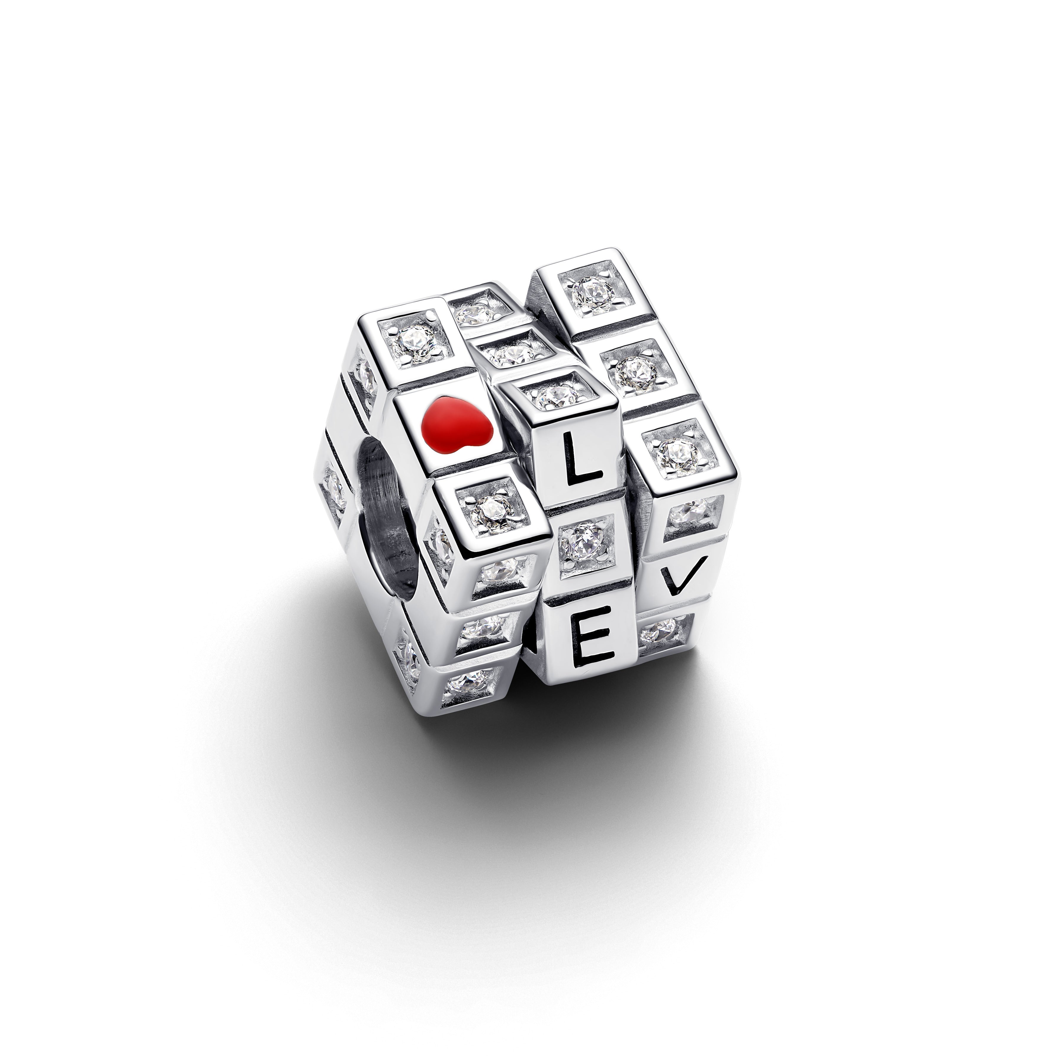 Toy Cube Sterling Silver Charm With Clear Cubic Zirconia And Red Enamel