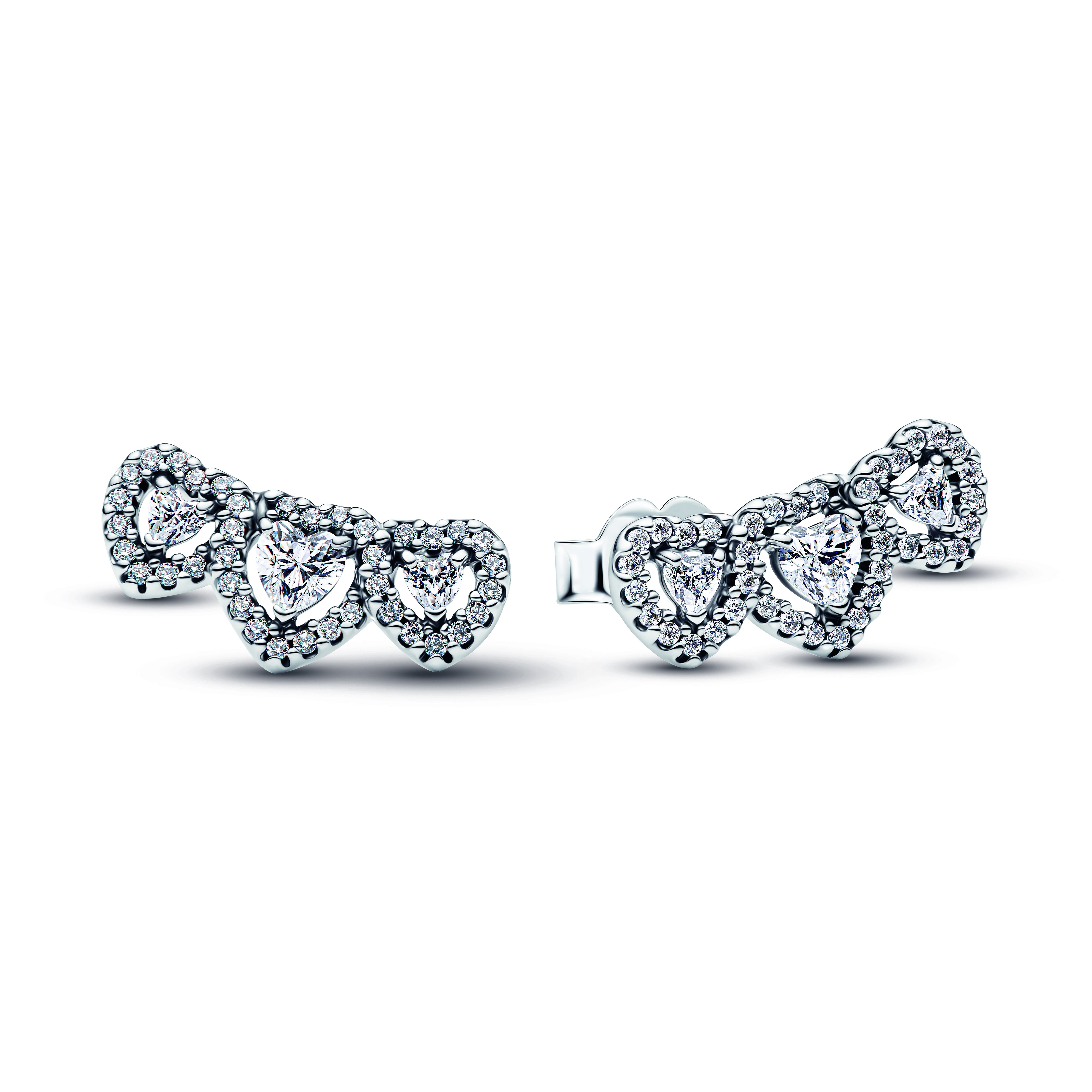 Triple Heart Sterling Silver Stud Earrings With Clear Cubic Zirconia