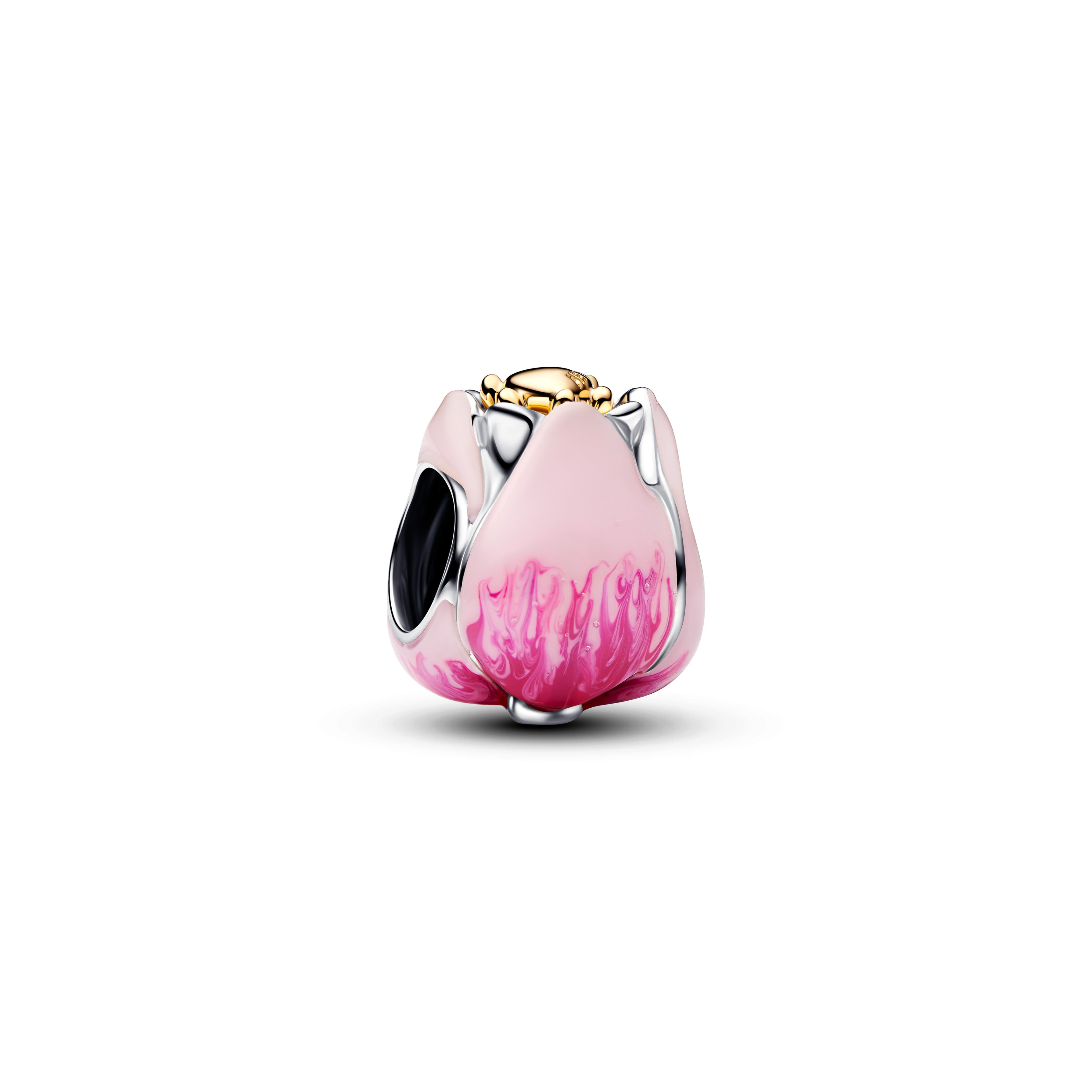 Tulip Sterling Silver And 14K Gold-Plated Charm With Royal Green Crystal And Shaded Pink Enamel