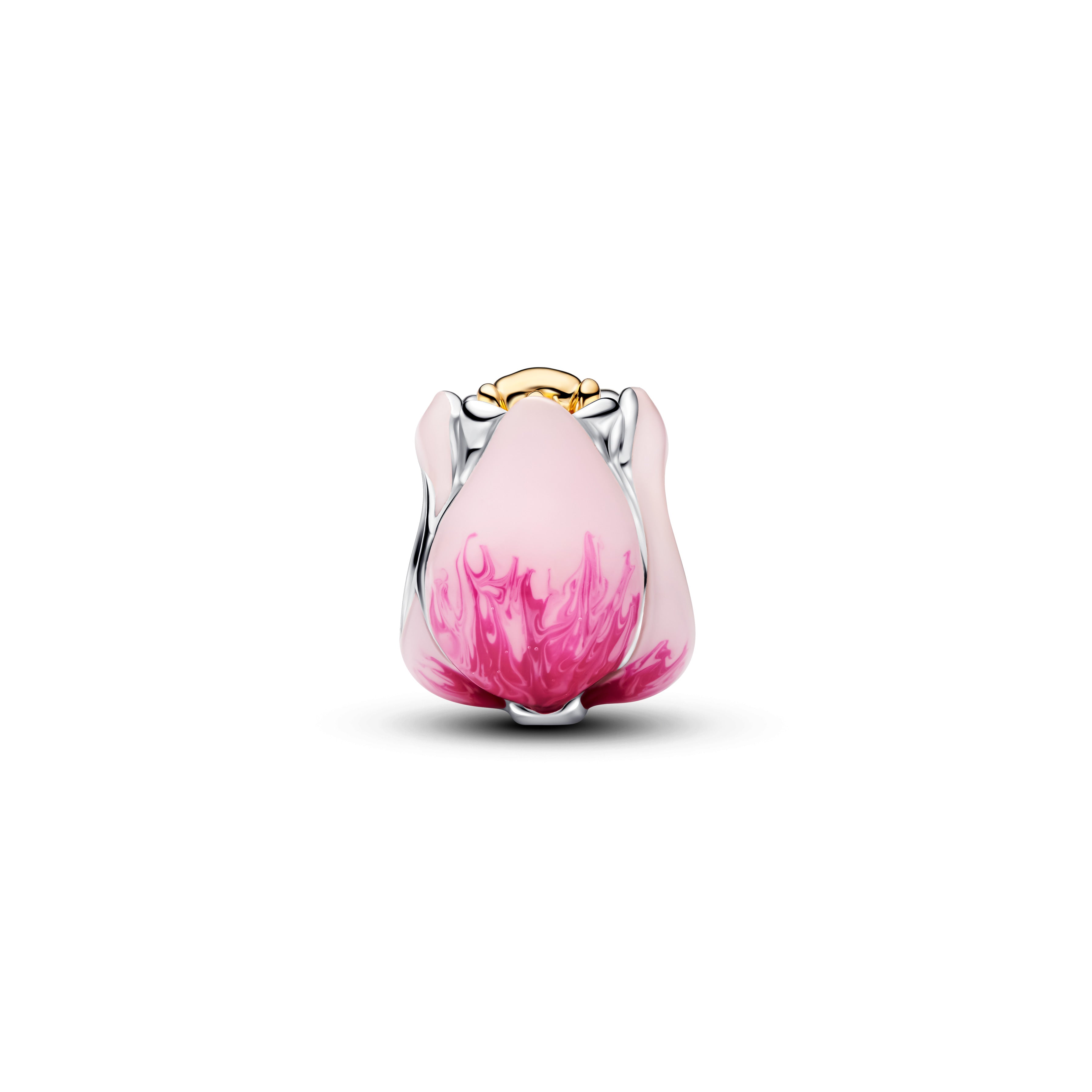 Tulip Sterling Silver And 14K Gold-Plated Charm With Royal Green Crystal And Shaded Pink Enamel