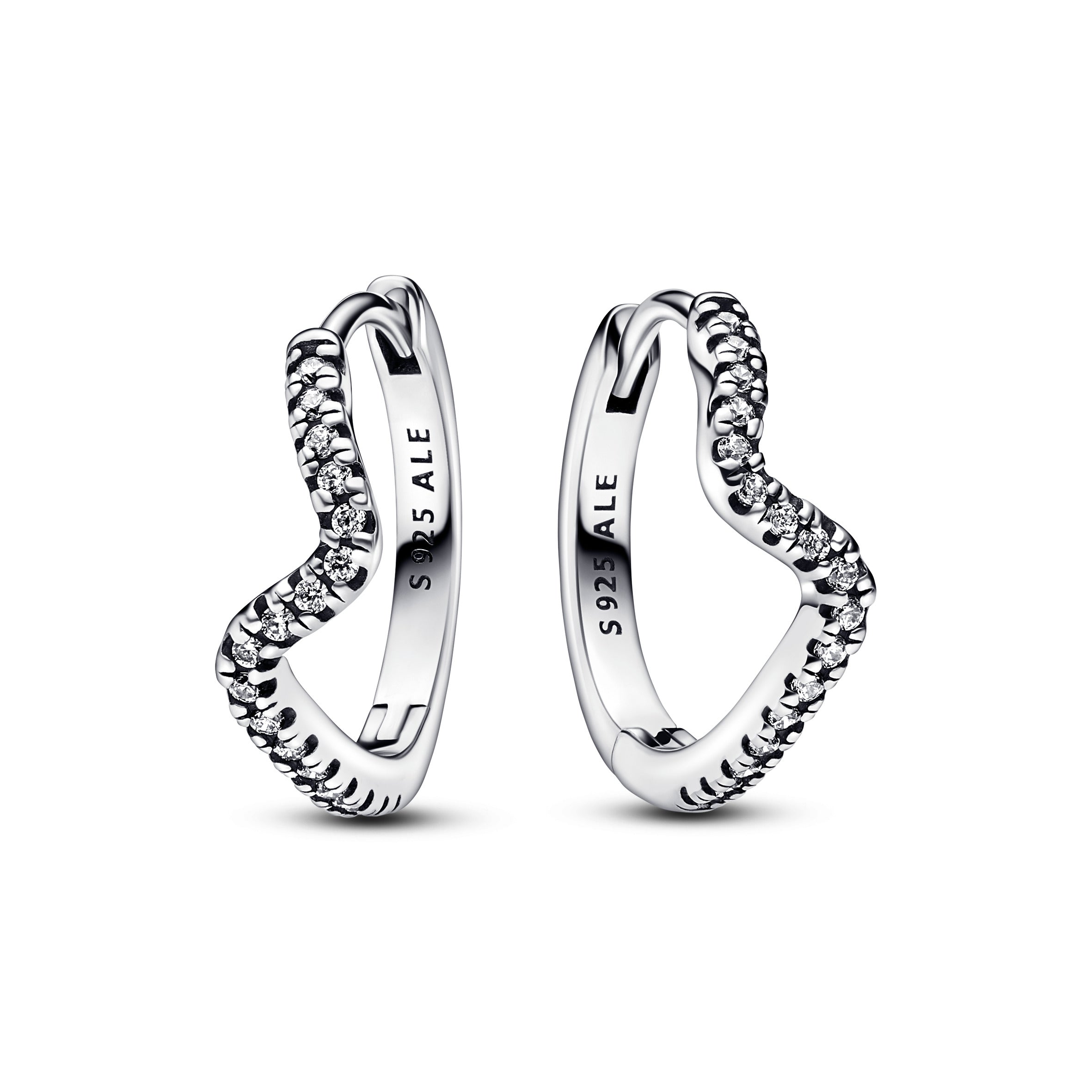 Wave Sterling Silver Hoop Earrings With Clear Cubic Zirconia