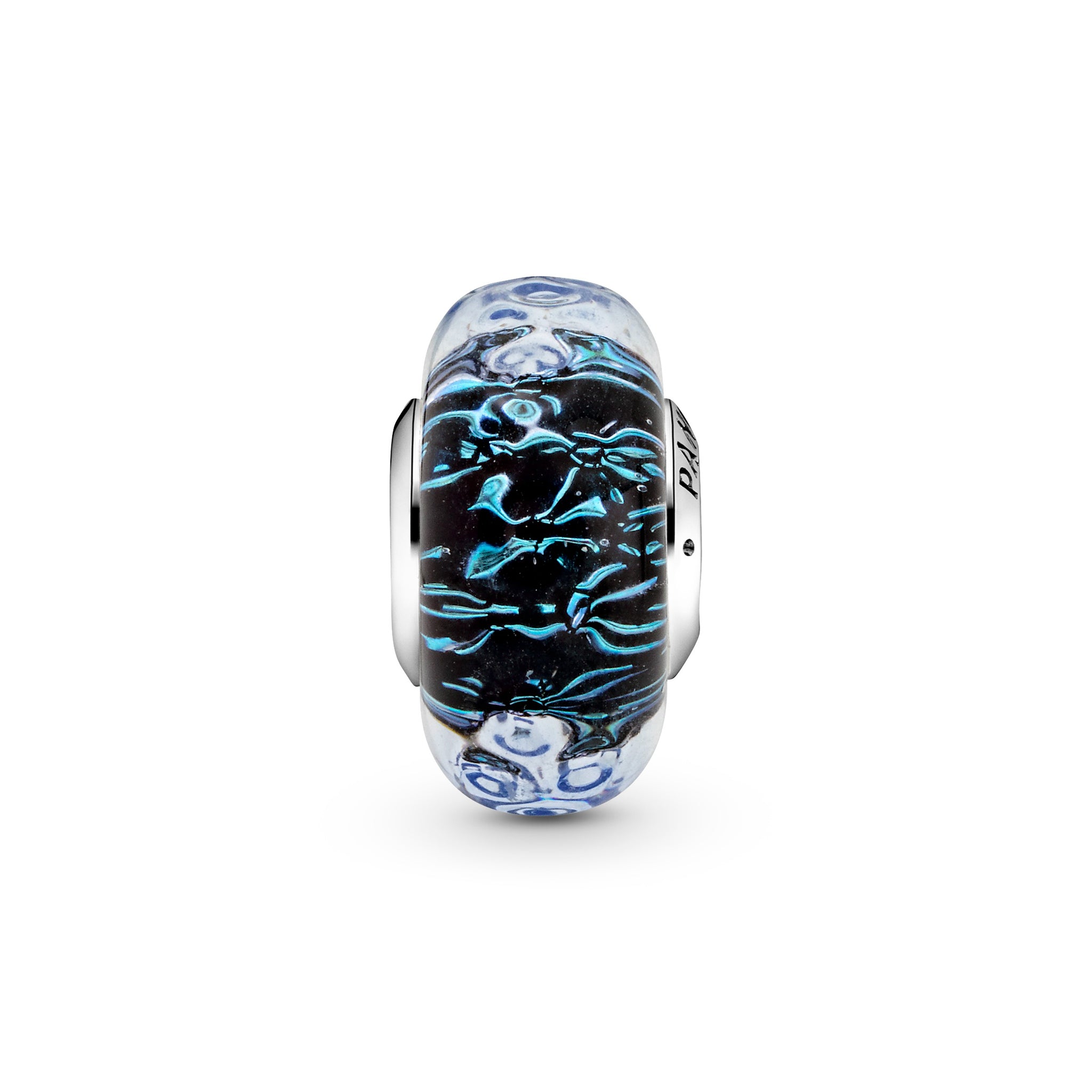 Wavy Sterling Silver Charm With Iridescent And Dark Blue Murano Glass