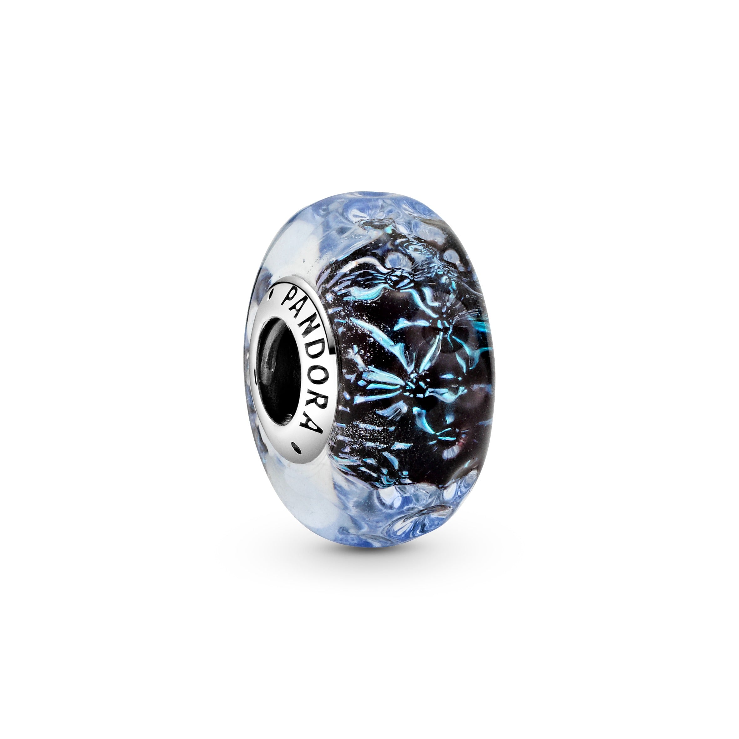 Wavy Sterling Silver Charm With Iridescent And Dark Blue Murano Glass