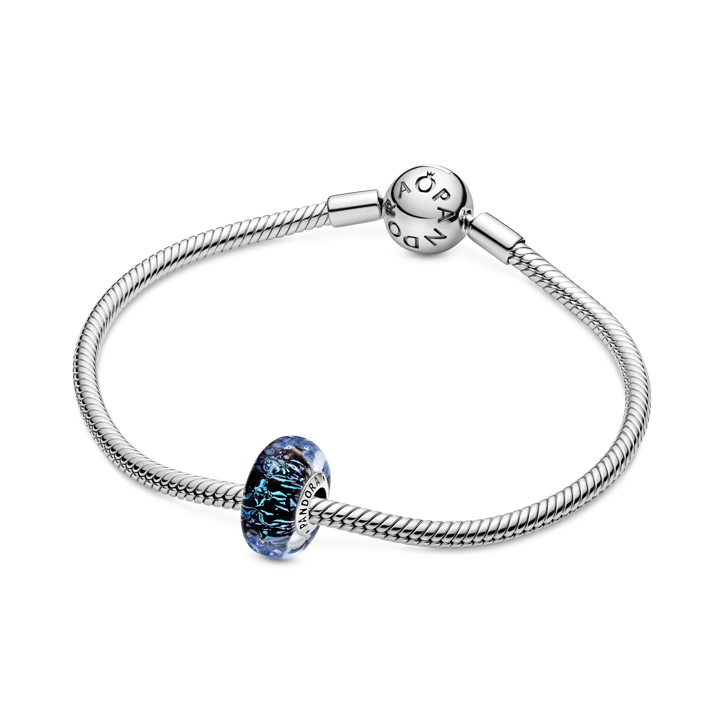 Wavy Sterling Silver Charm With Iridescent And Dark Blue Murano Glass