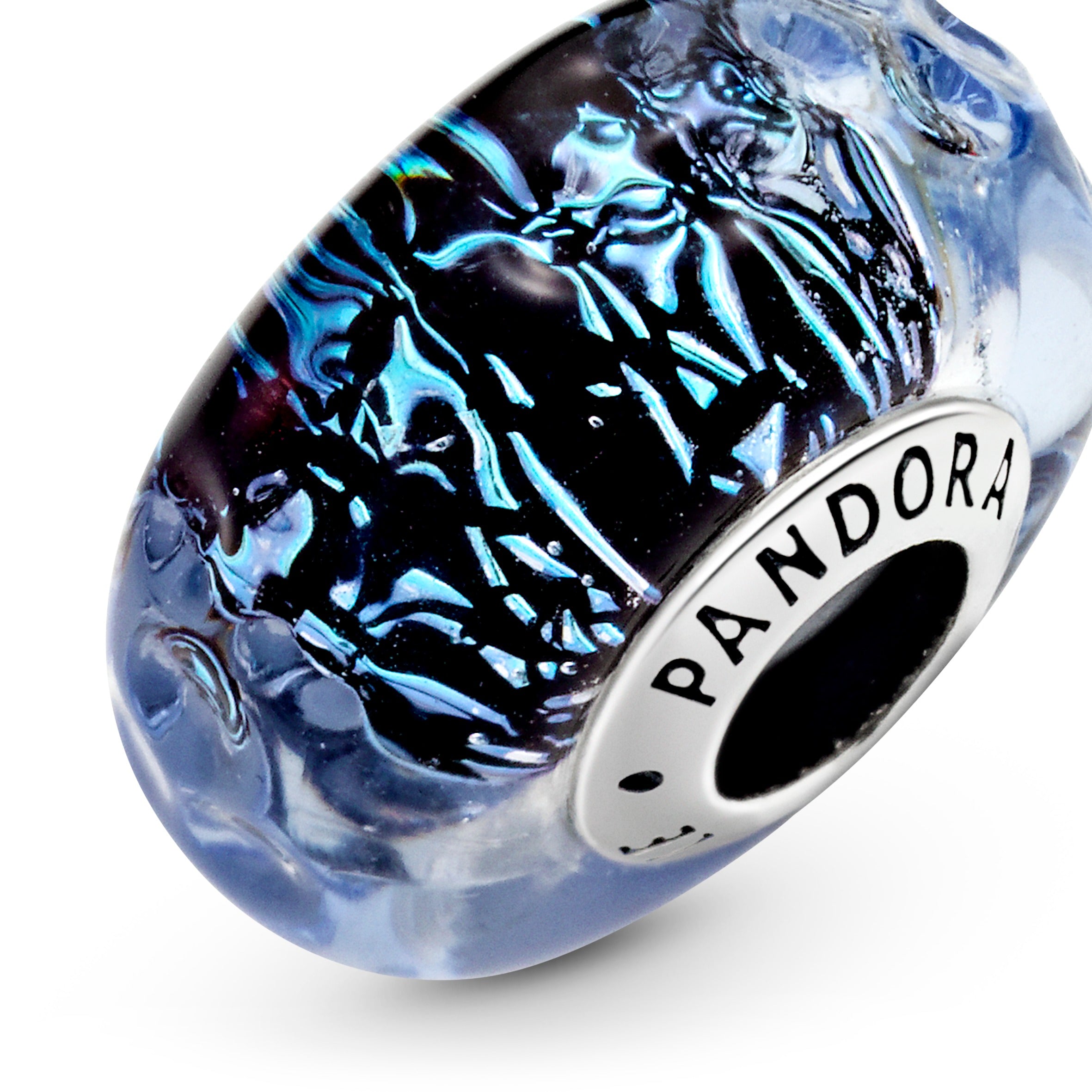 Wavy Sterling Silver Charm With Iridescent And Dark Blue Murano Glass
