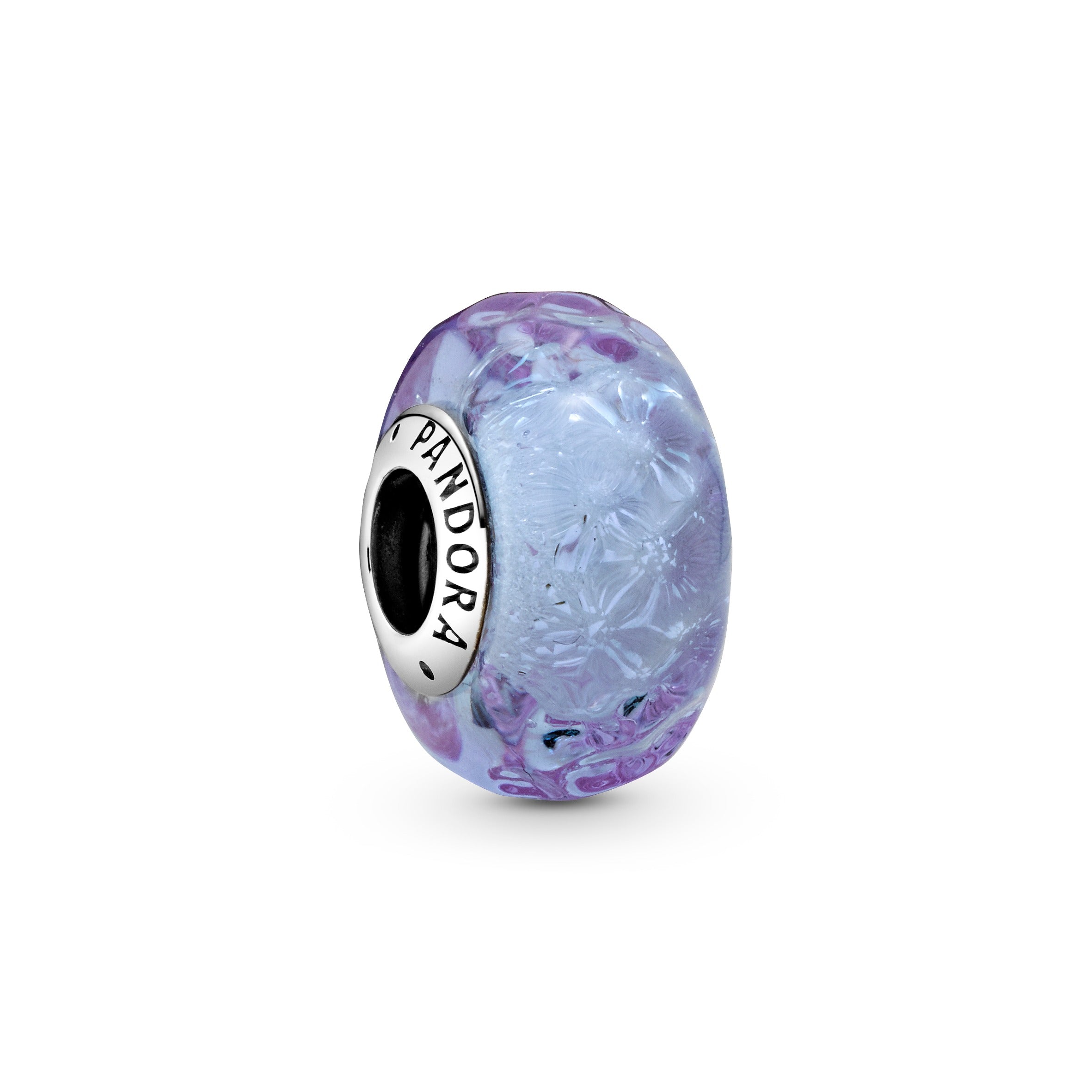 Wavy Sterling Silver Charm With Iridescent And Lavender Murano Glass