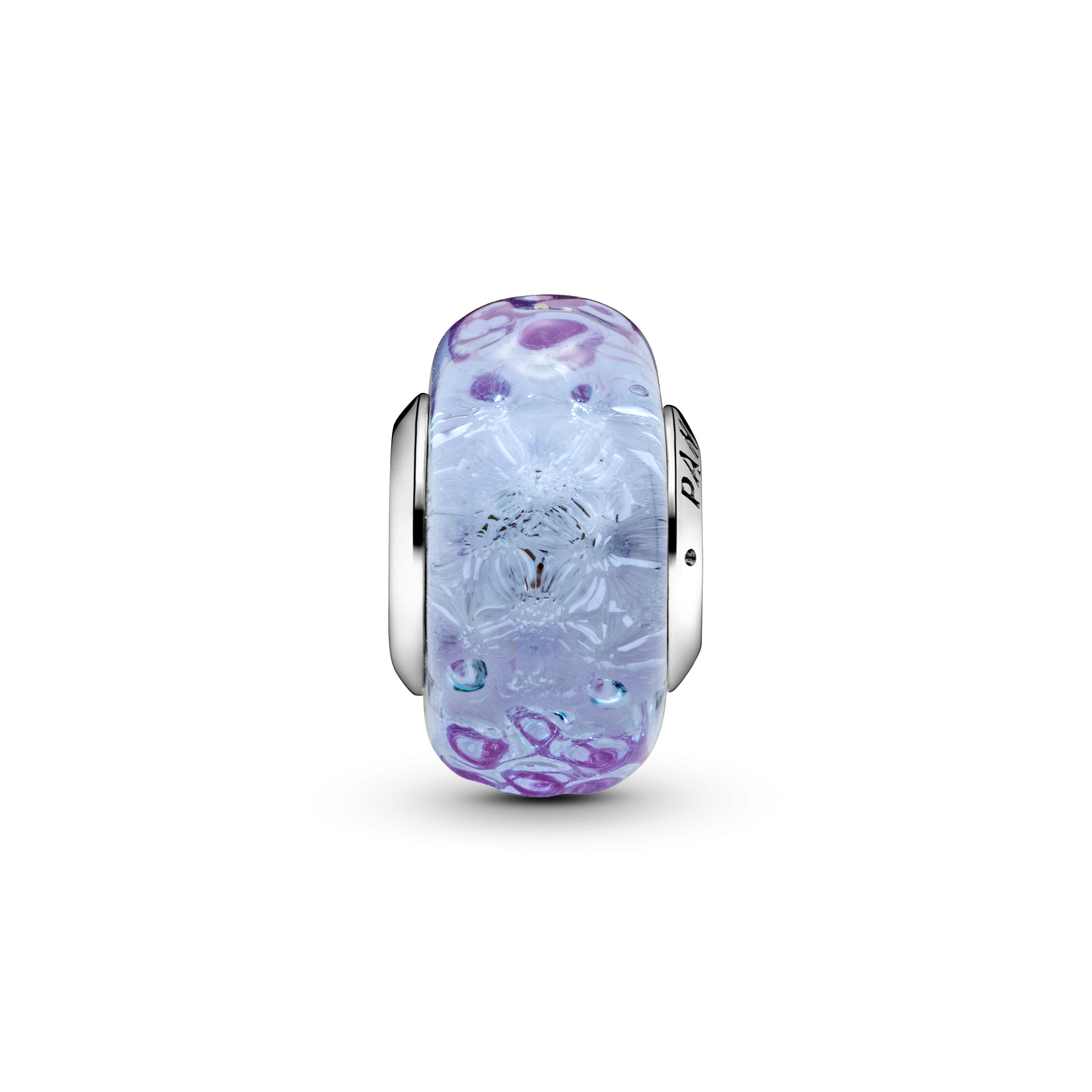 Wavy Sterling Silver Charm With Iridescent And Lavender Murano Glass