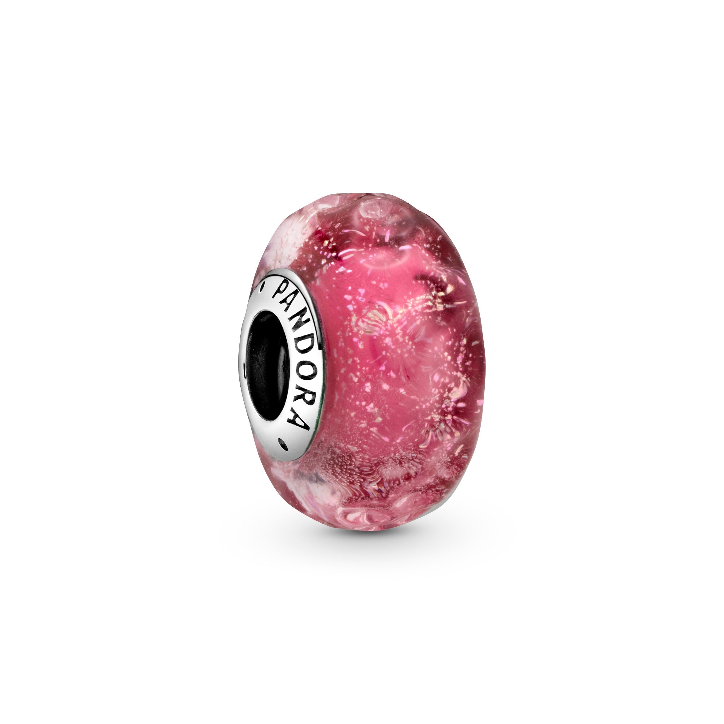 Wavy Sterling Silver Charm With Iridescent And Pink Murano Glass