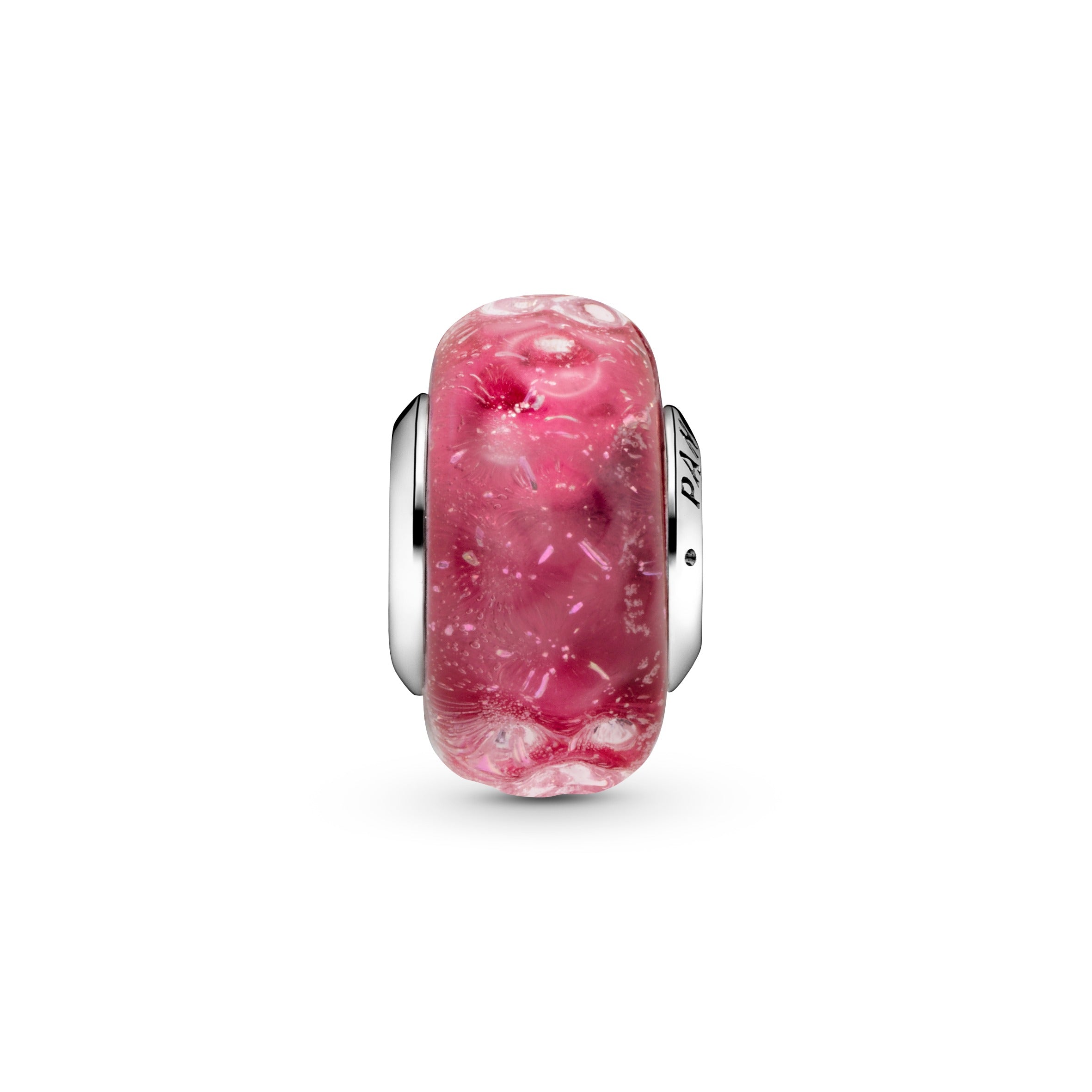 Wavy Sterling Silver Charm With Iridescent And Pink Murano Glass