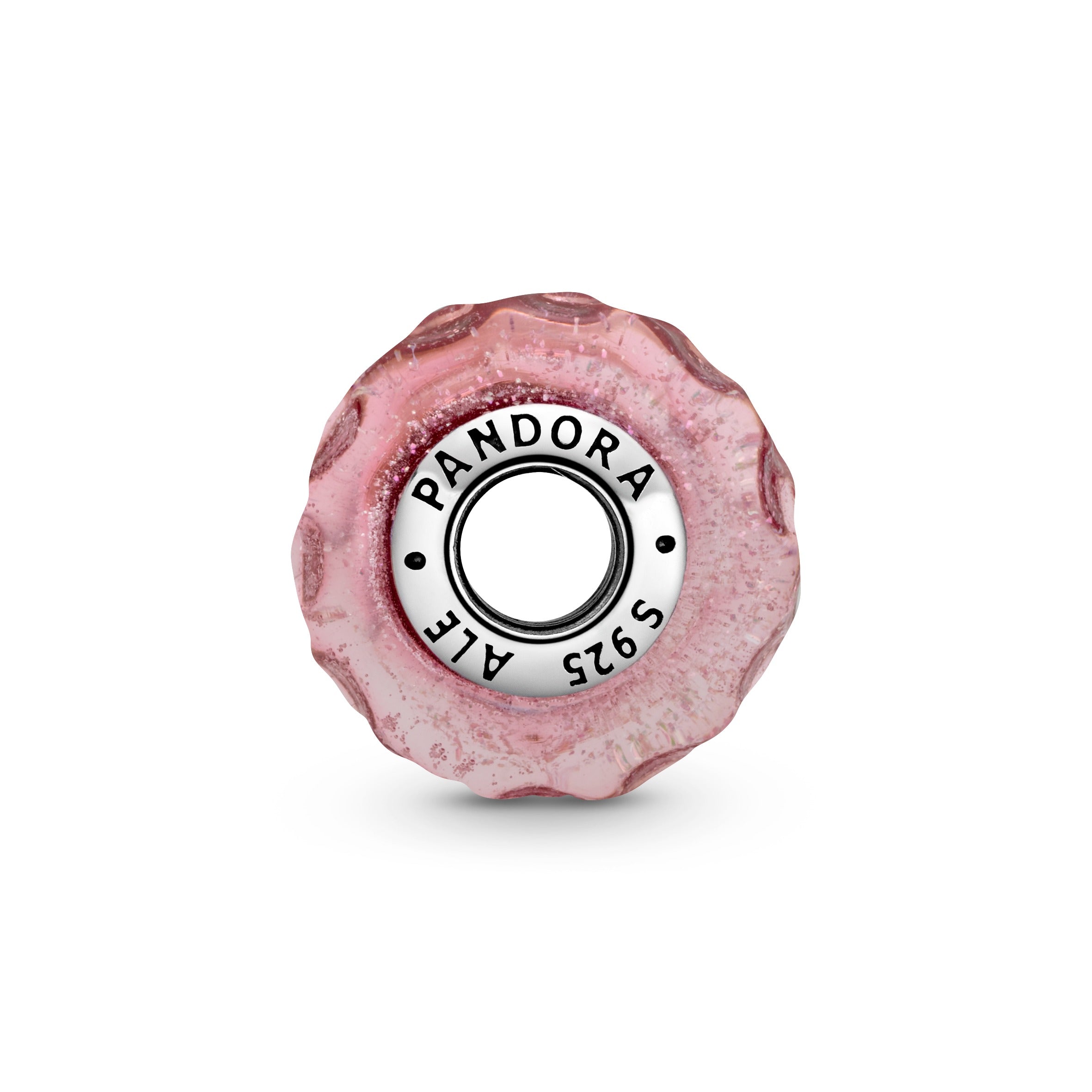 Wavy Sterling Silver Charm With Iridescent And Pink Murano Glass