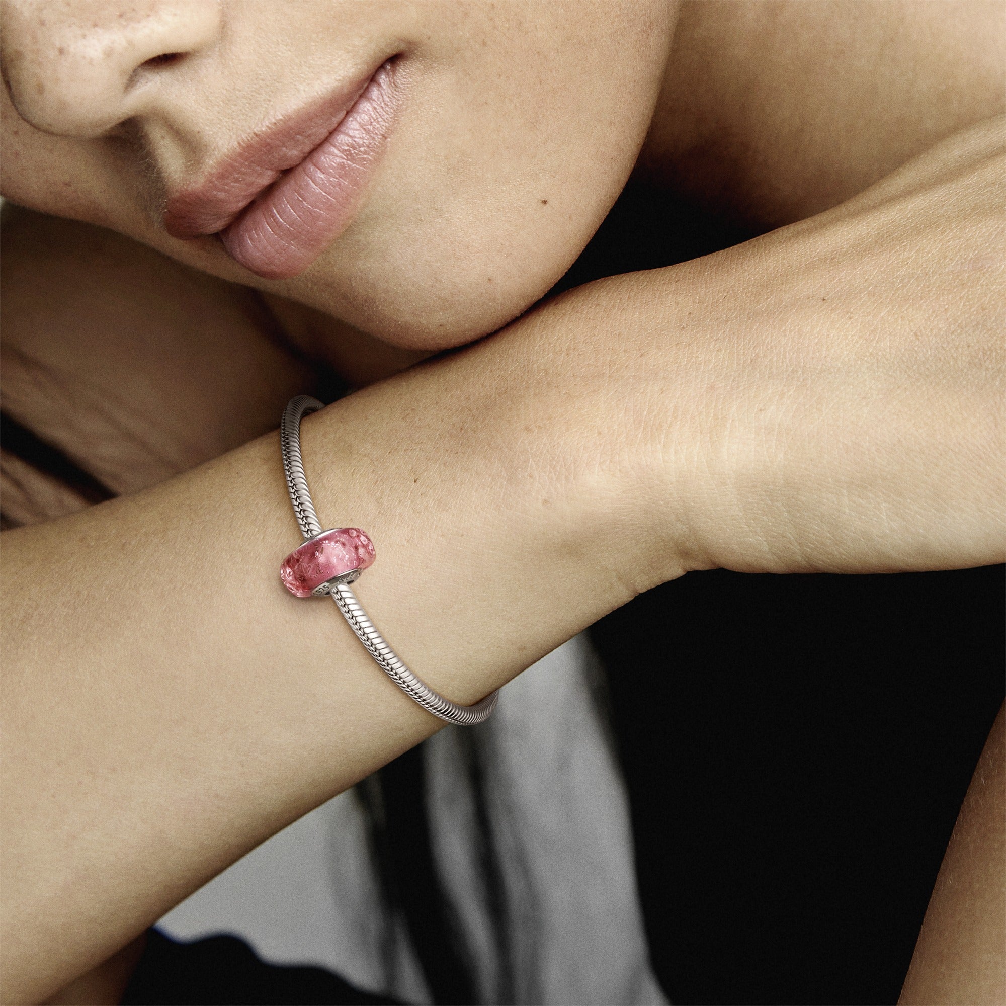 Wavy Sterling Silver Charm With Iridescent And Pink Murano Glass