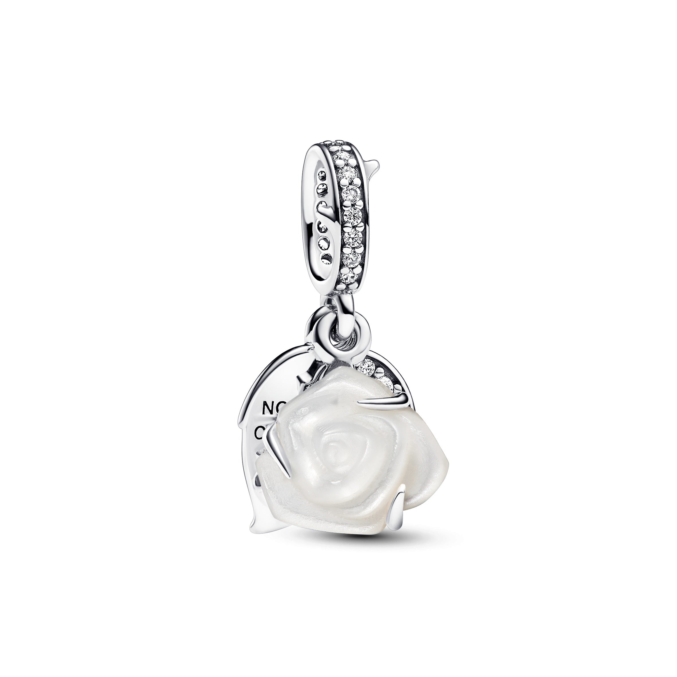 White Rose Sterling Silver Double Dangle With White Bioresin Man-Made Mother Of Pearl And Clear Cubic Zirconia