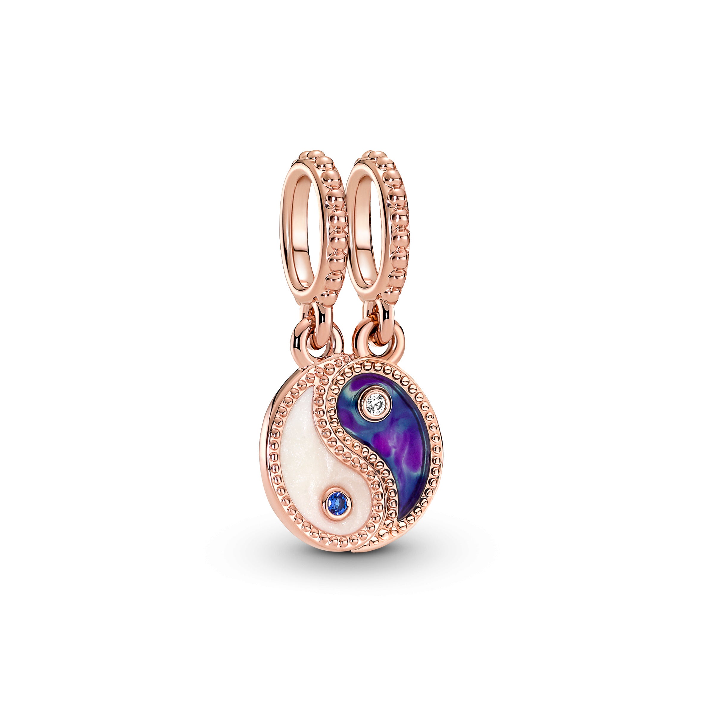 Yin And Yang 14K Rose Gold-Plated Splitable Dangle With Clear Cz, True Blue Crystal, Shimmering Silver White And Blue Enamel