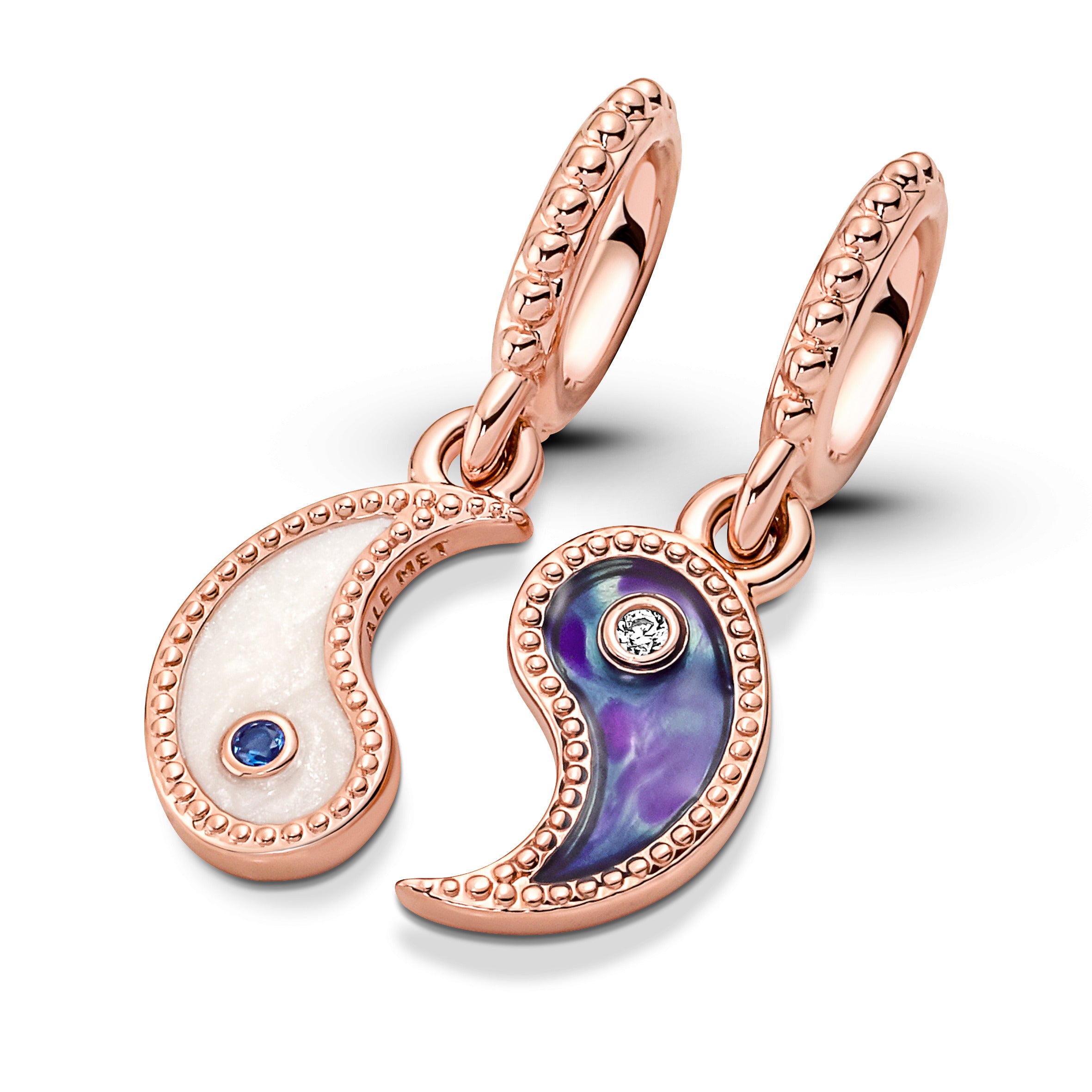 Yin And Yang 14K Rose Gold-Plated Splitable Dangle With Clear Cz, True Blue Crystal, Shimmering Silver White And Blue Enamel