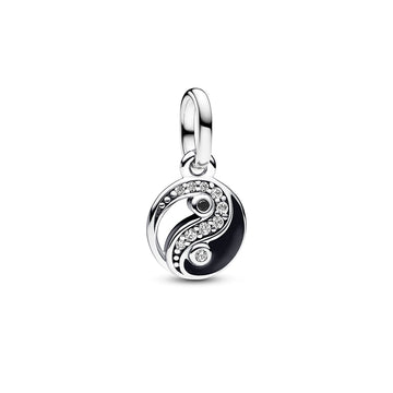 Yin And Yang Sterling Silver Mini Dangle With Clear Cubic Zirconia, Black Crystal And Black Enamel