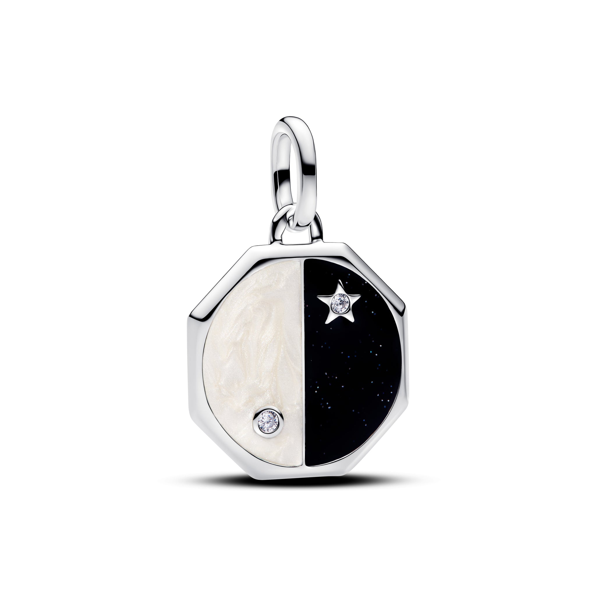 Yin And Yang Sterling Silver Medallion With Clear Cubic Zirconia, Glittery Black And White Enamel