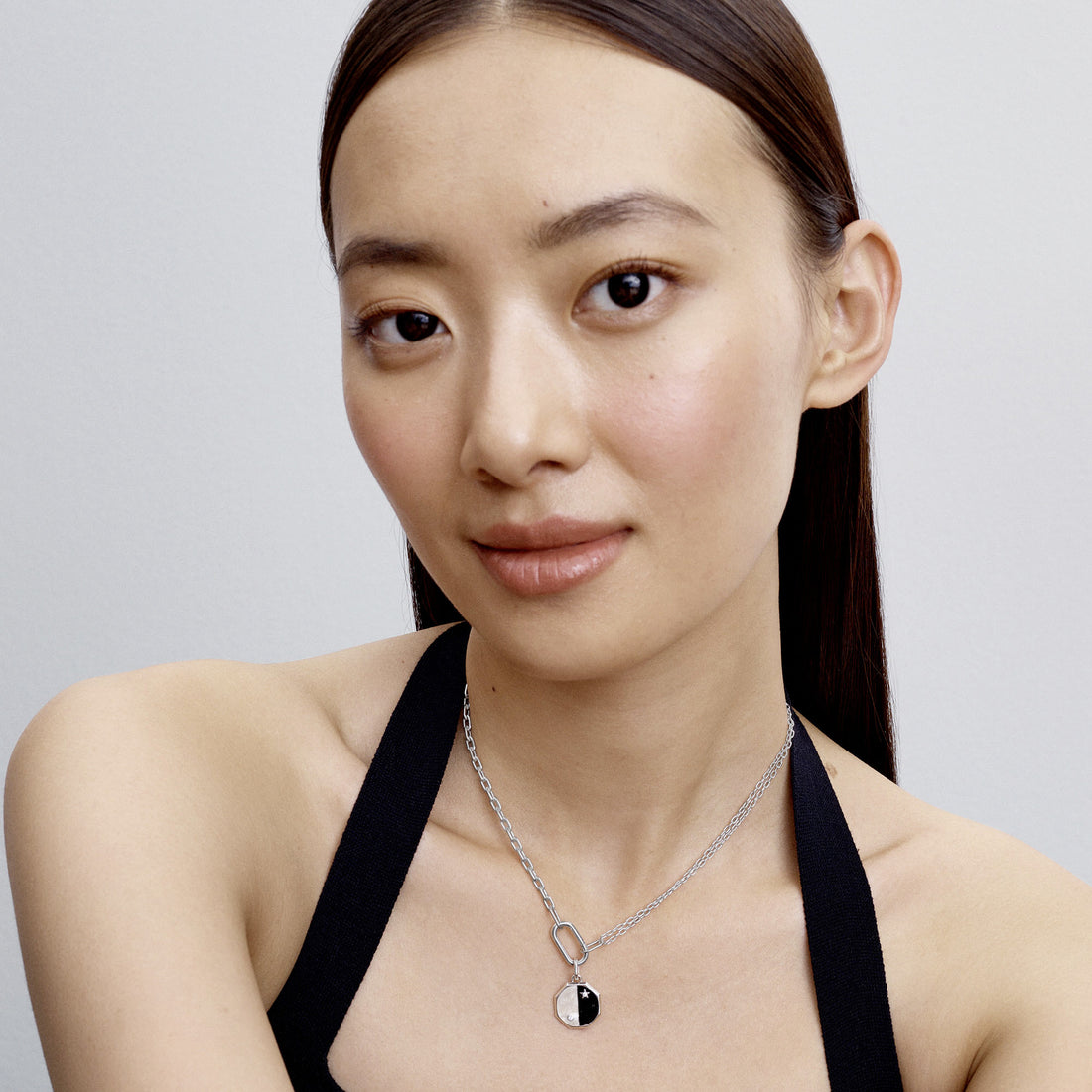 Yin And Yang Sterling Silver Medallion With Clear Cubic Zirconia, Glittery Black And White Enamel