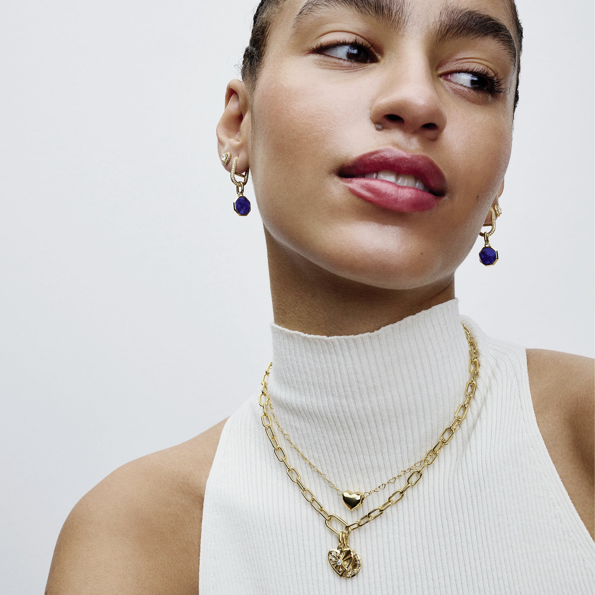 14K Gold-Plated Hoop Link Earring With Clear Cubic Zirconia