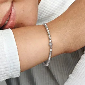 Beaded Sterling Silver Bracelet With Clear Cubic Zirconia