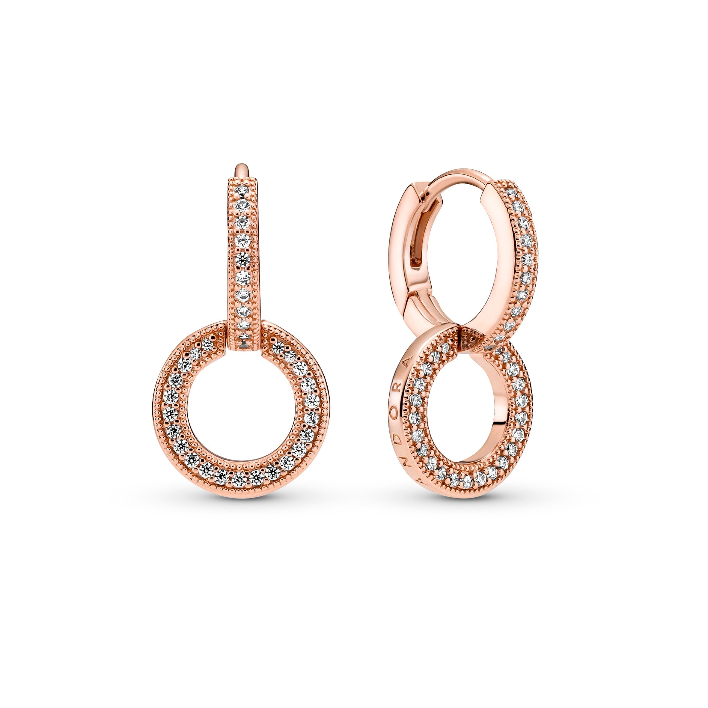 Pandora Logo And Circles 14K Rose Gold-Plated Hoop Earrings With Clear Cubic Zirconia