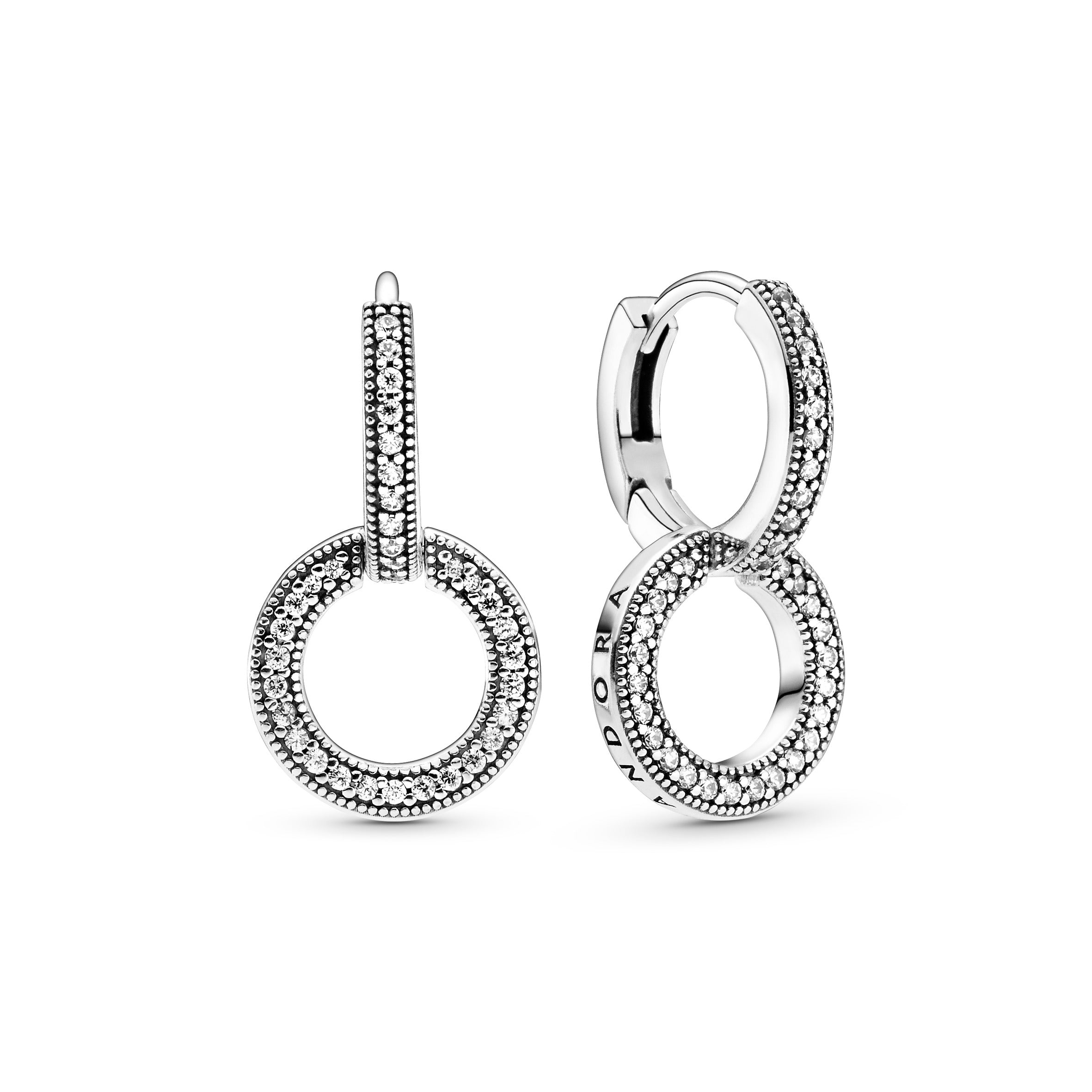 Pandora Logo And Circles Sterling Silver Hoop Earrings With Clear Cubic Zirconia
