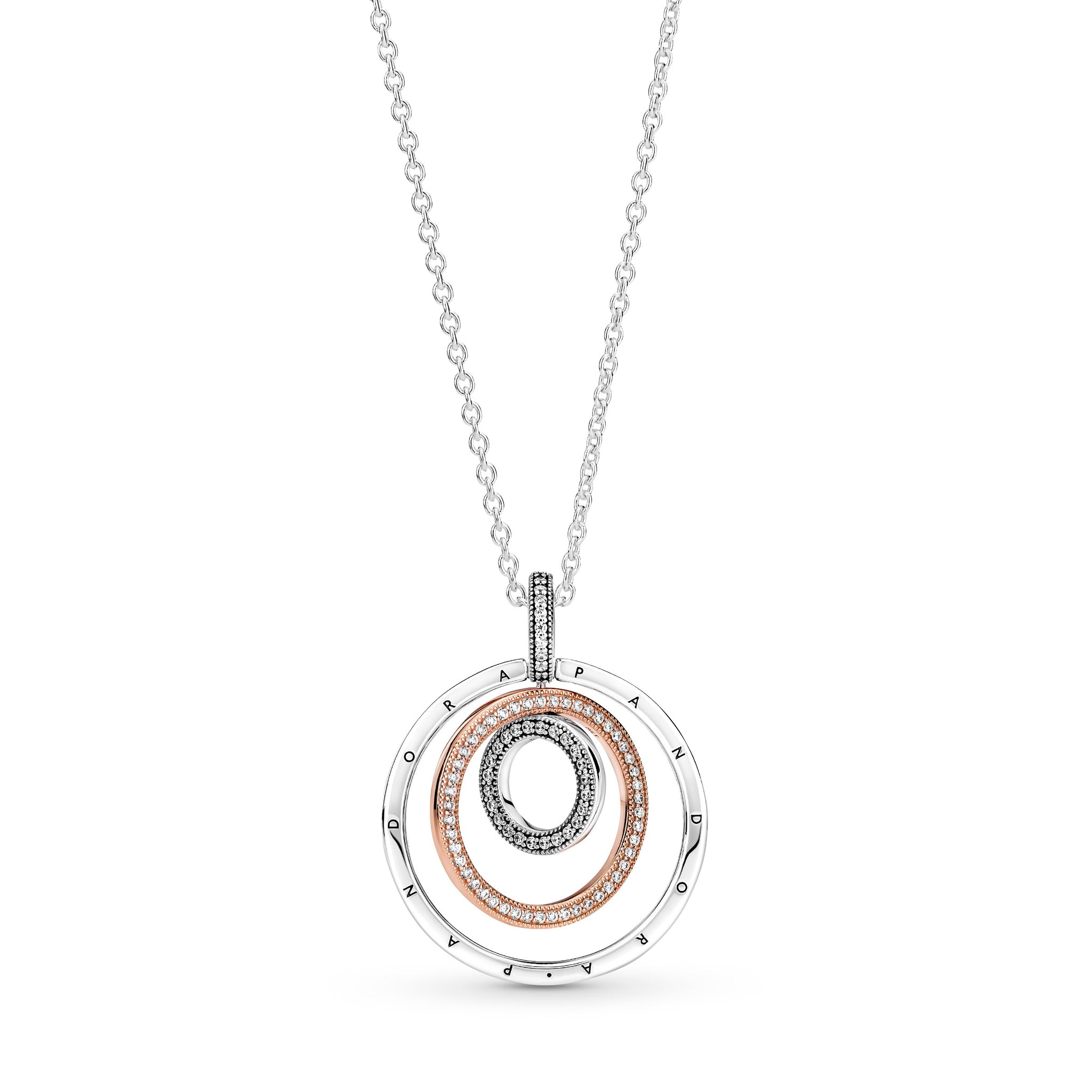 Pandora Logo Interlocking Circles Sterling Silver And 14K Rose Gold-Plated Pendant With Clear Cubic Zirconia And Necklace